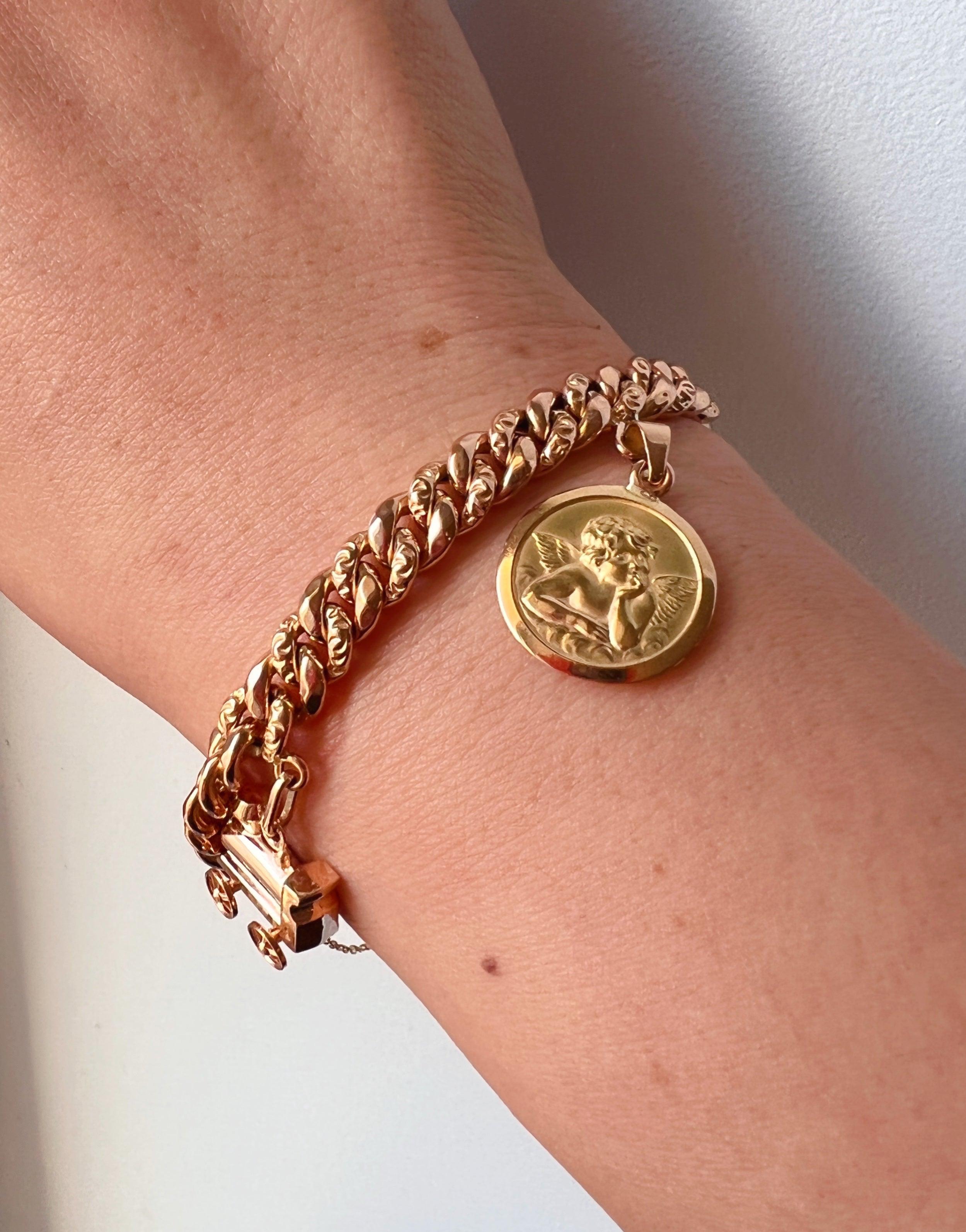 Very sweet French 1950s 18K gold bracelet with angel medal and baby stroller charm - Curiously timeless