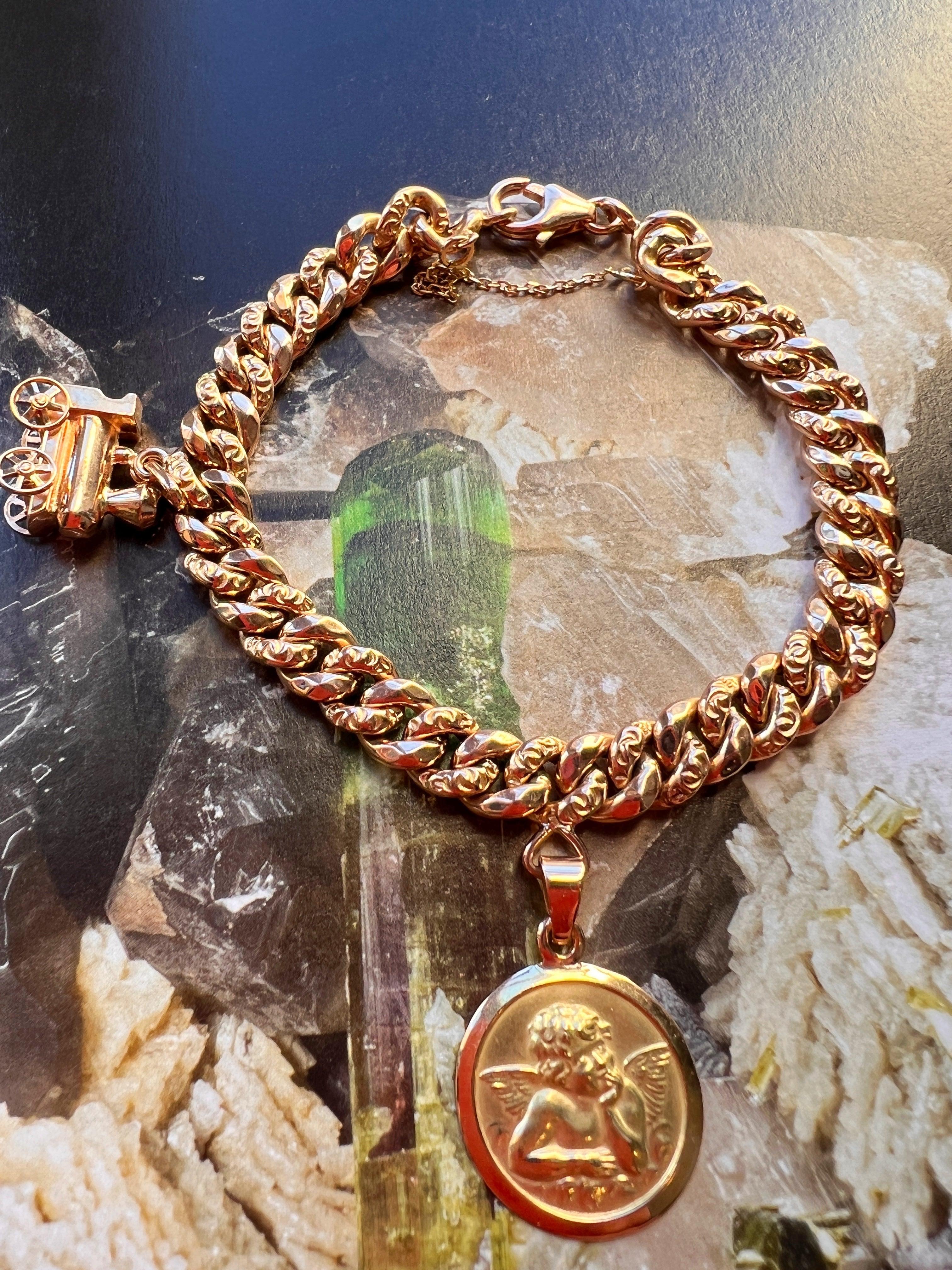 Very sweet French 1950s 18K gold bracelet with angel medal and baby stroller charm - Curiously timeless