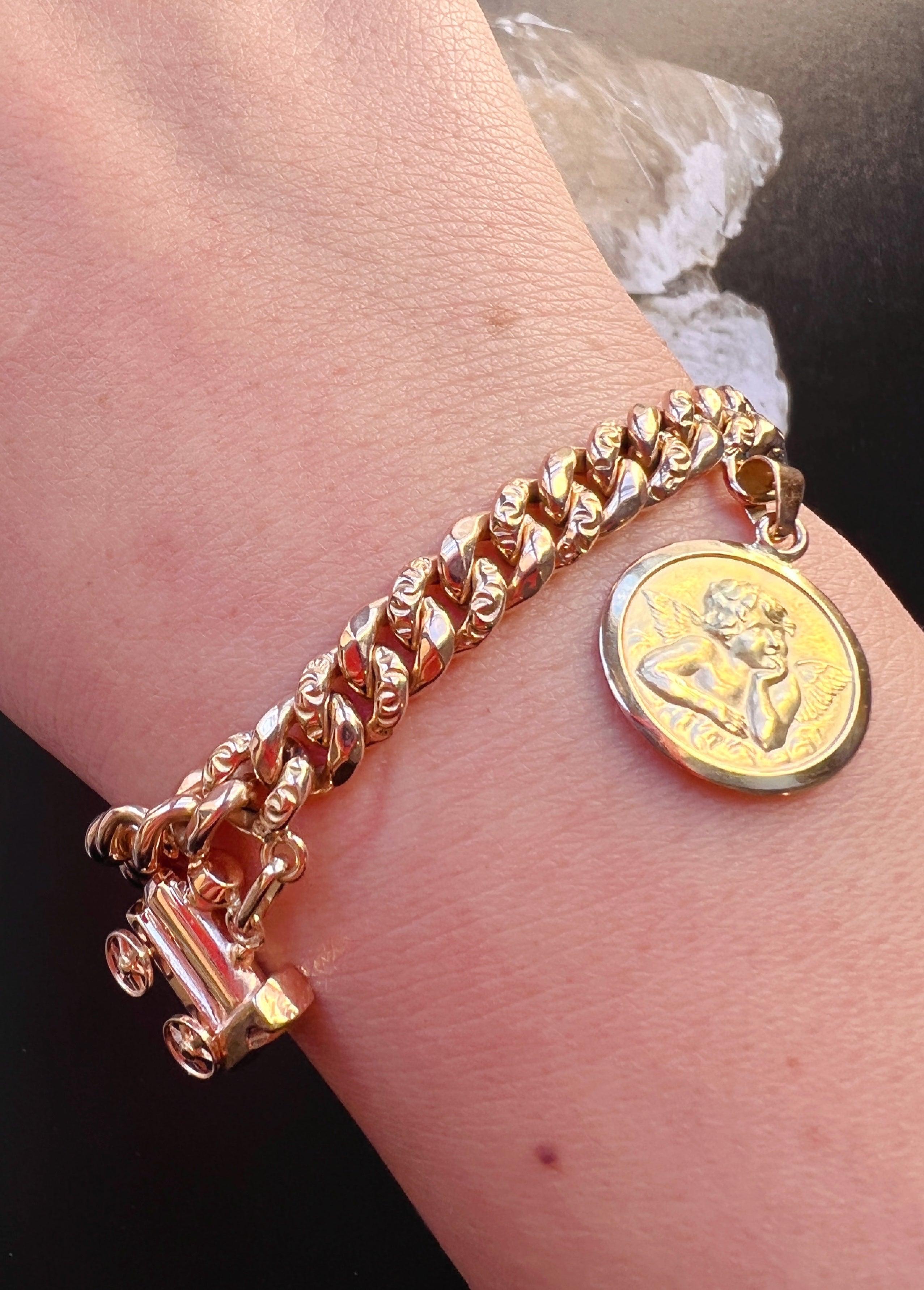 Very sweet French 1950s 18K gold bracelet with angel medal and baby stroller charm - Curiously timeless