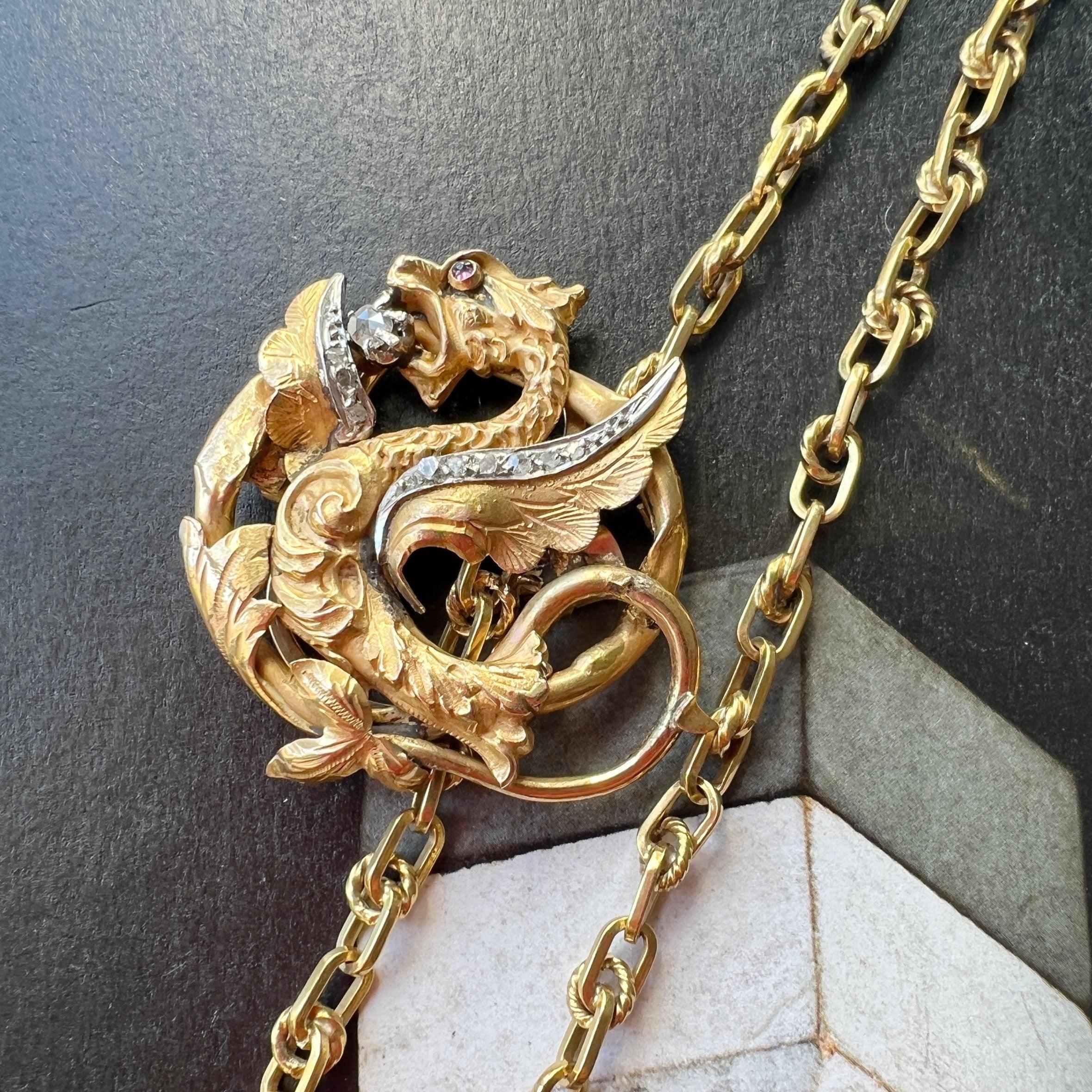 Rare French Art Nouveau 18K gold diamond chimera griffon chain clip pendant - Curiously timeless