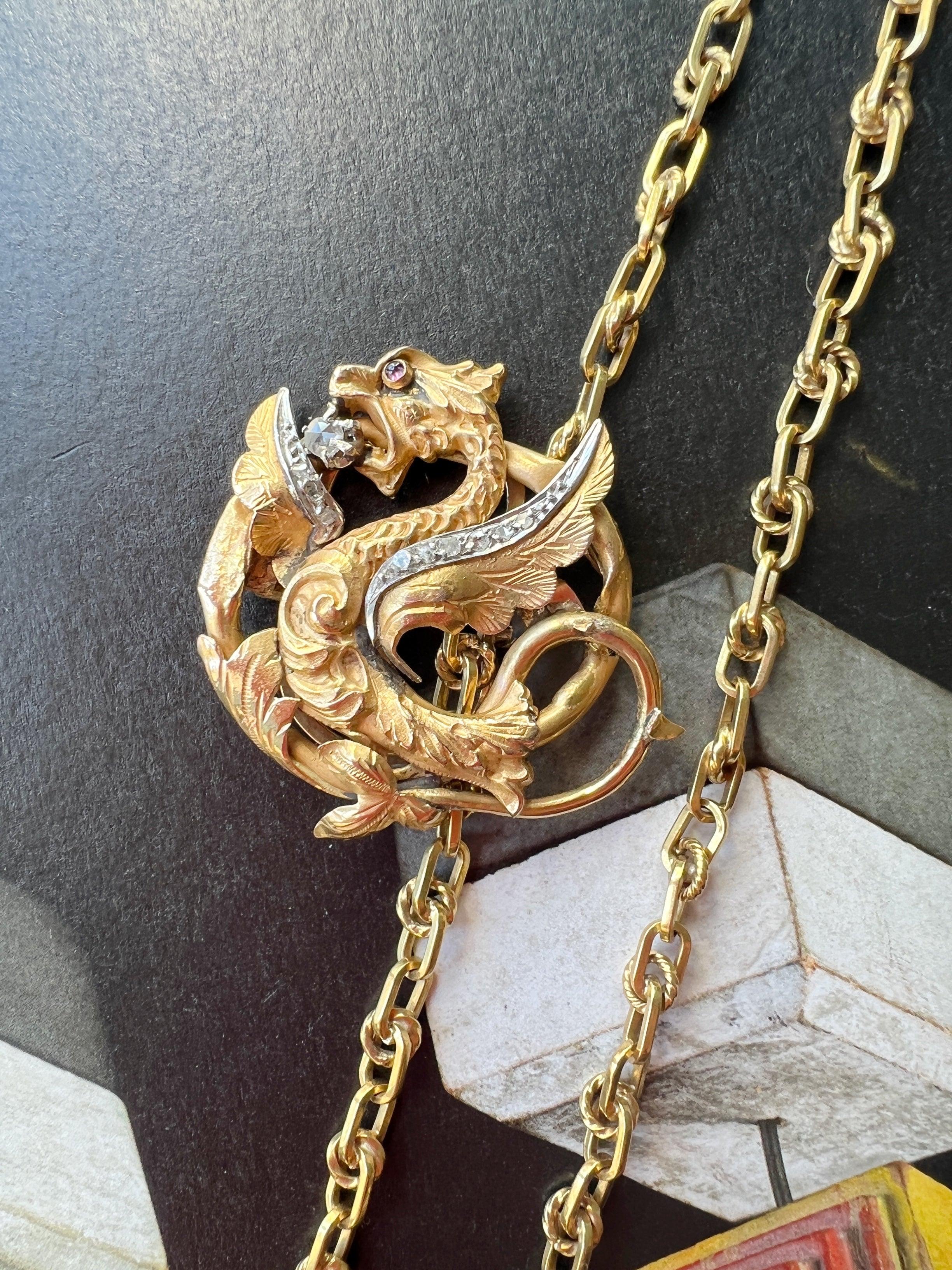 Rare French Art Nouveau 18K gold diamond chimera griffon chain clip pendant - Curiously timeless