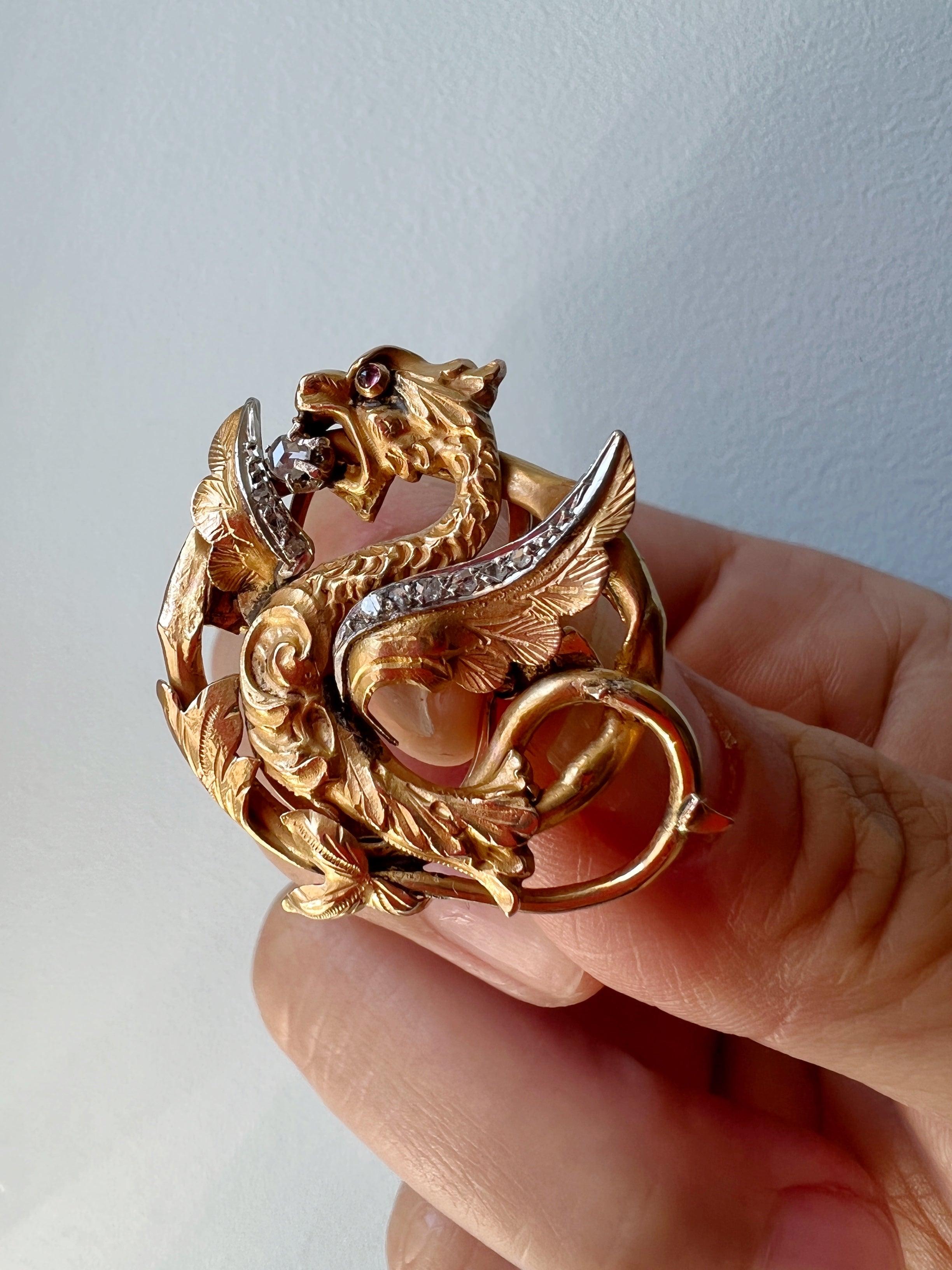 Rare French Art Nouveau 18K gold diamond chimera griffon chain clip pendant - Curiously timeless