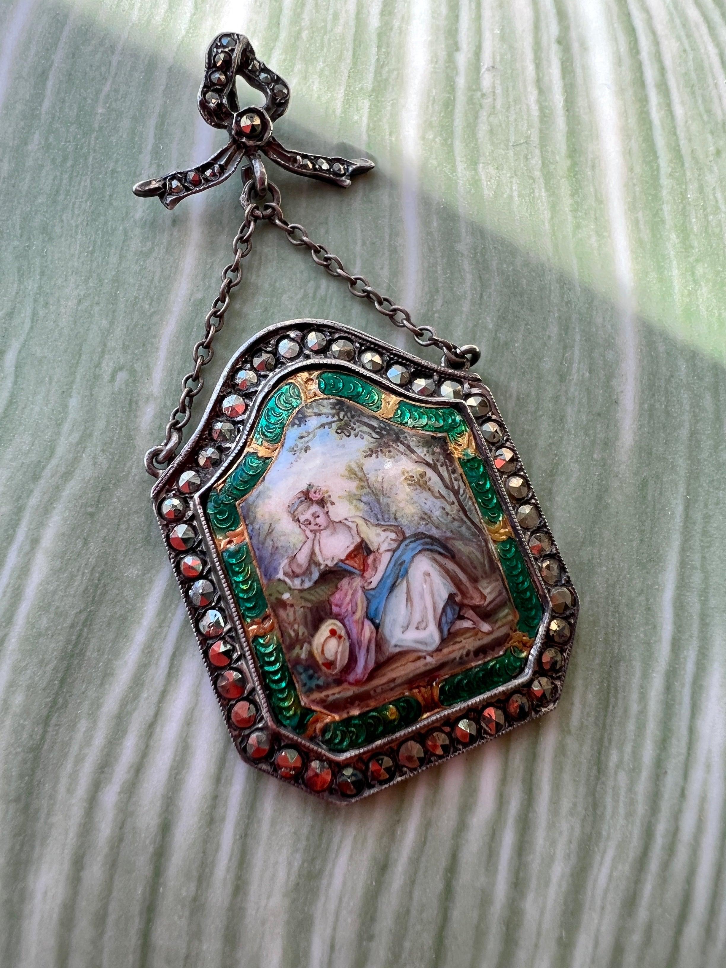 French antique miniature portrait silver pendant with bow and marcasite - Curiously timeless