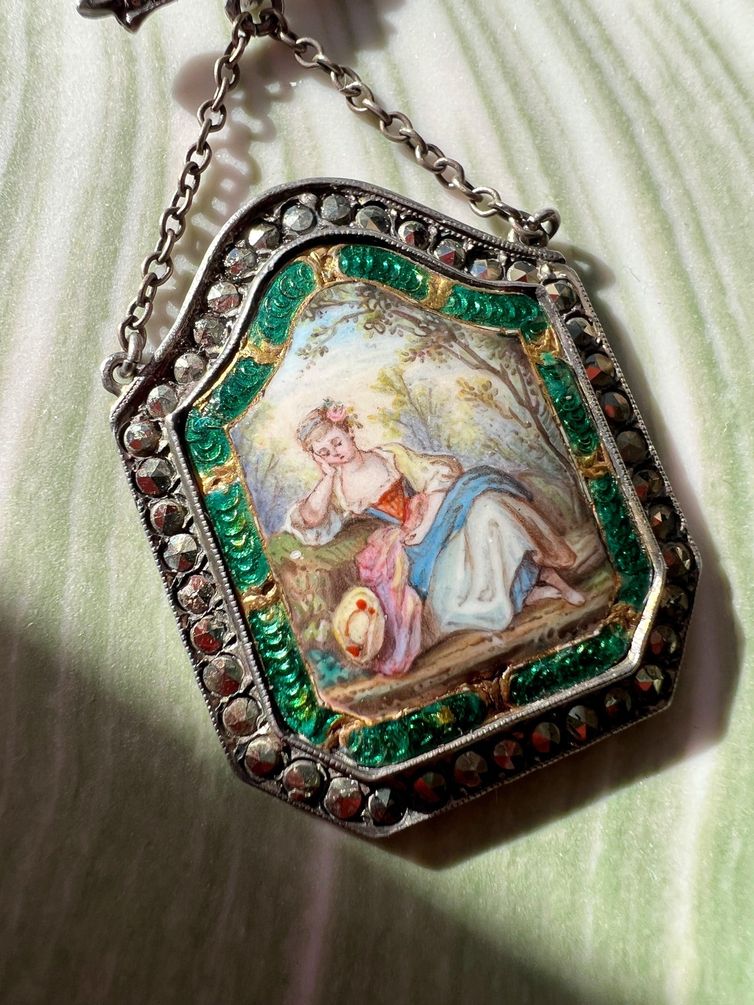 French antique miniature portrait silver pendant with bow and marcasite - Curiously timeless