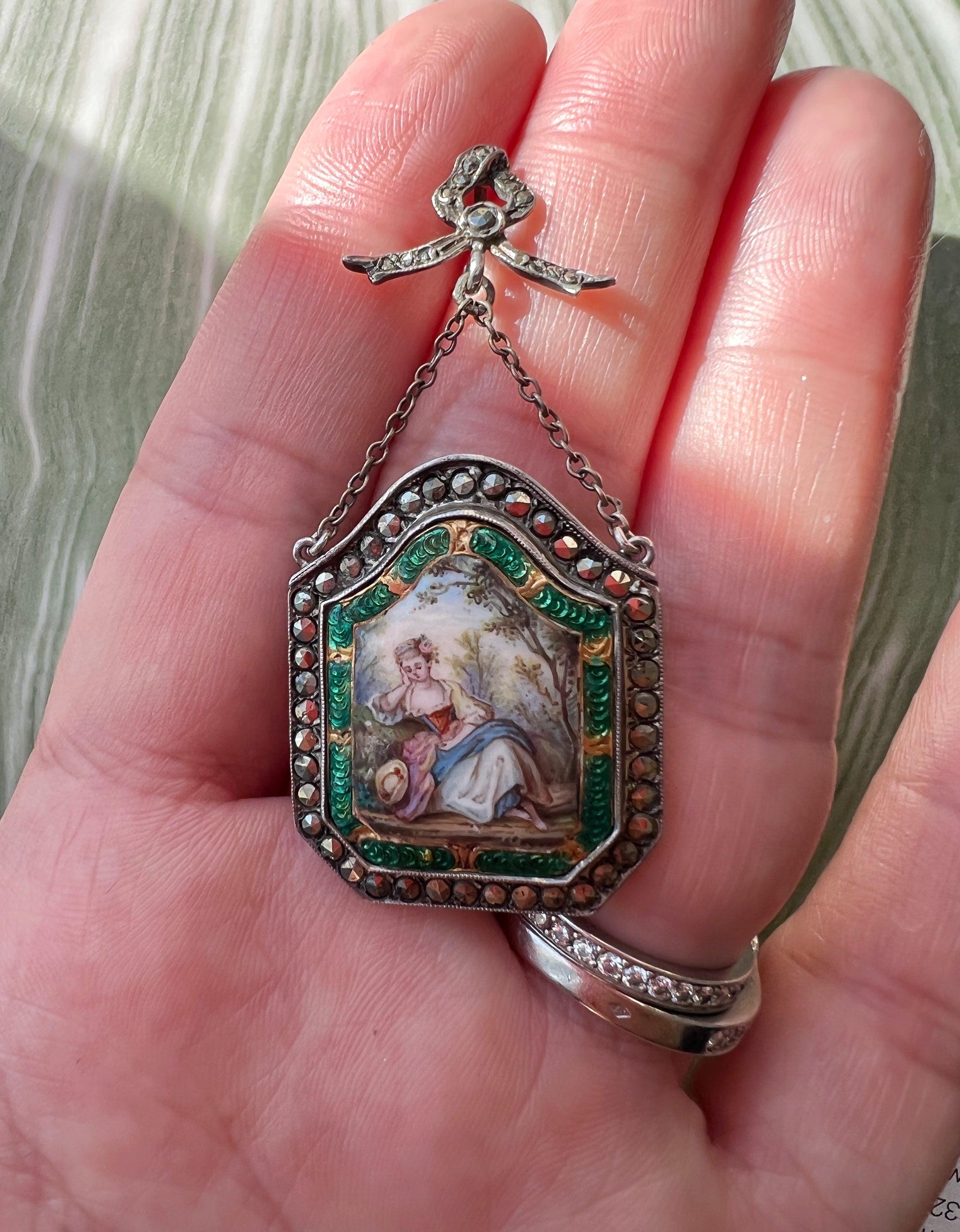 French antique miniature portrait silver pendant with bow and marcasite - Curiously timeless