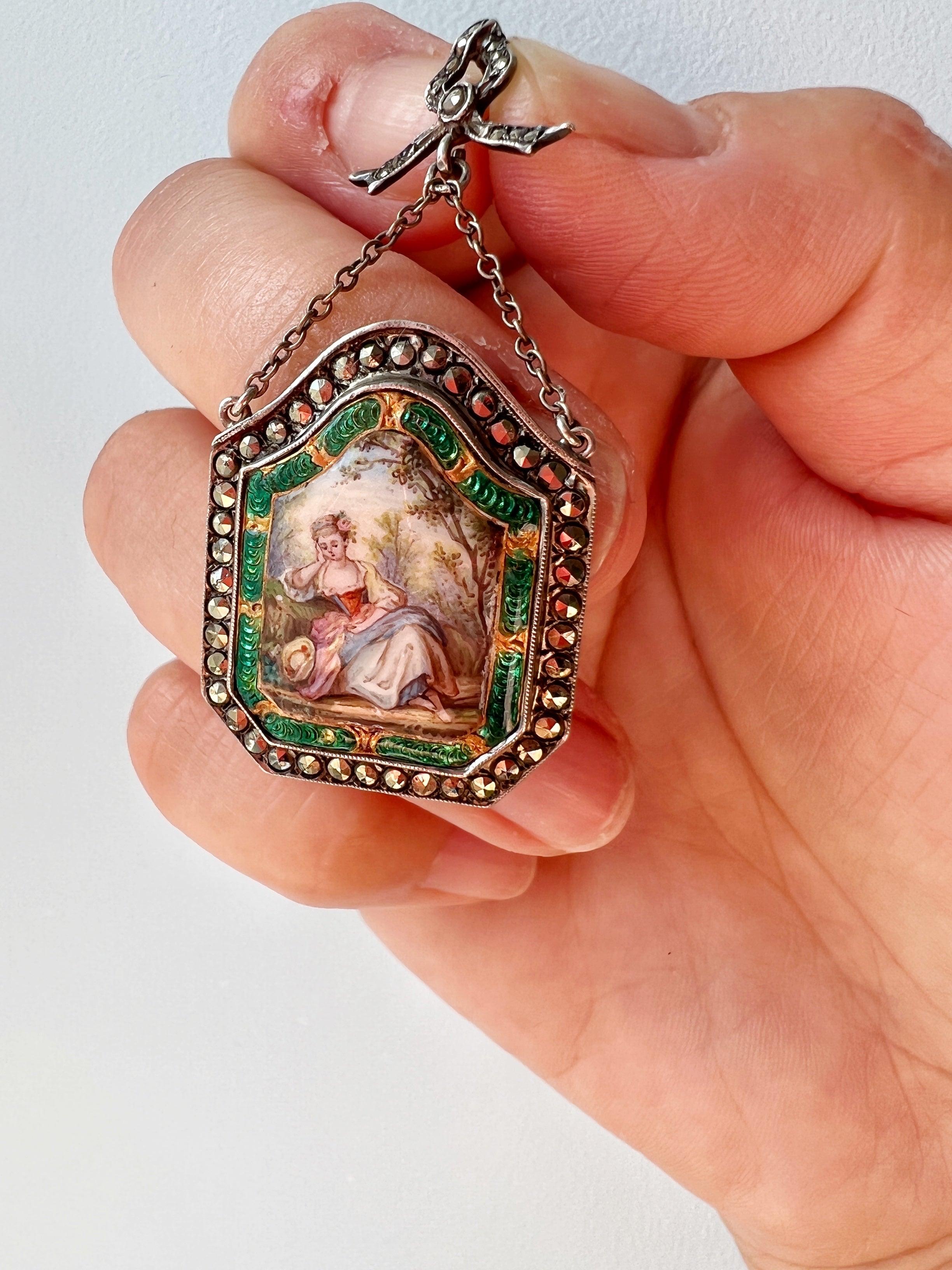 French antique miniature portrait silver pendant with bow and marcasite - Curiously timeless