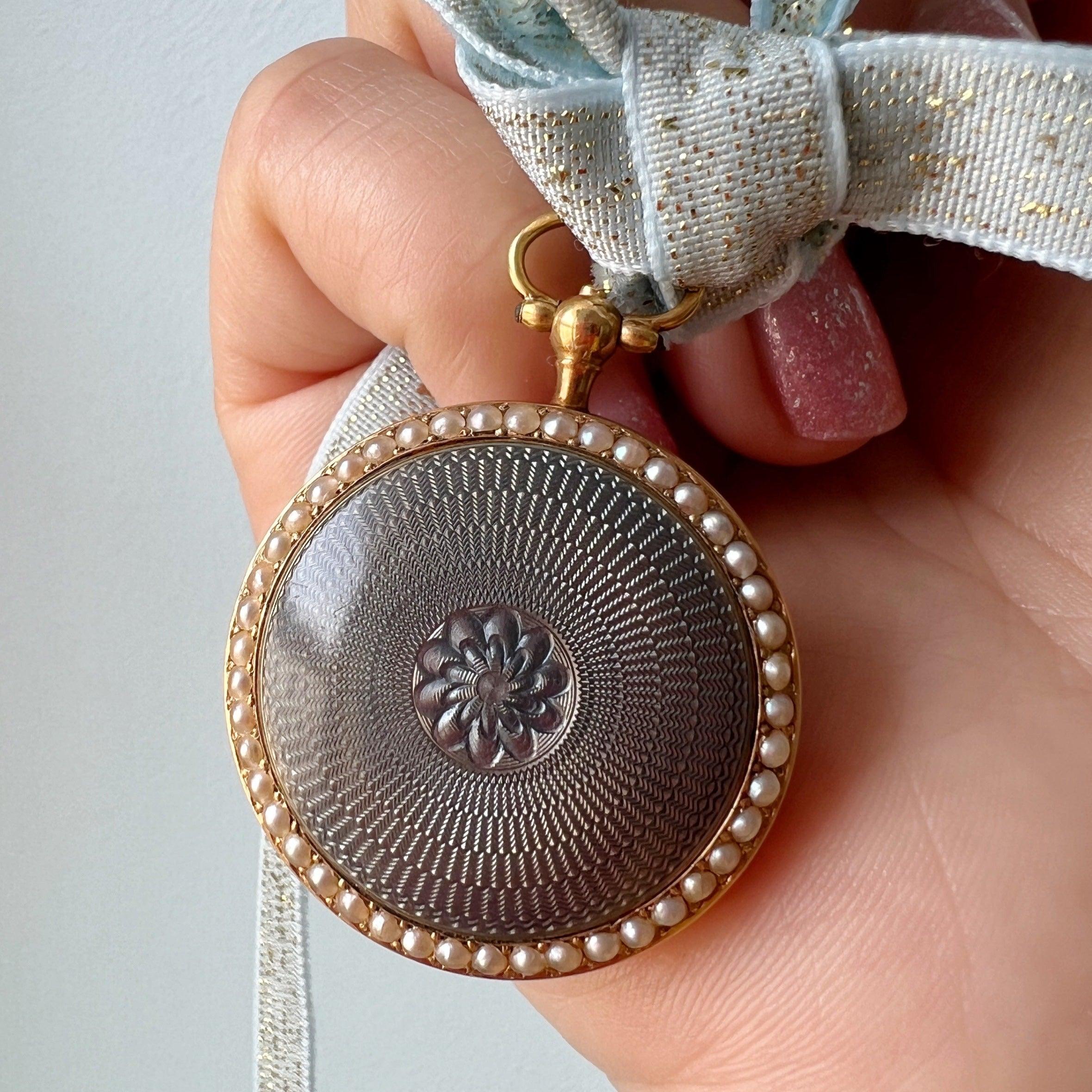 Edwardian 18k Guilloche Enamel pearl pocket watch pendant - Curiously timeless