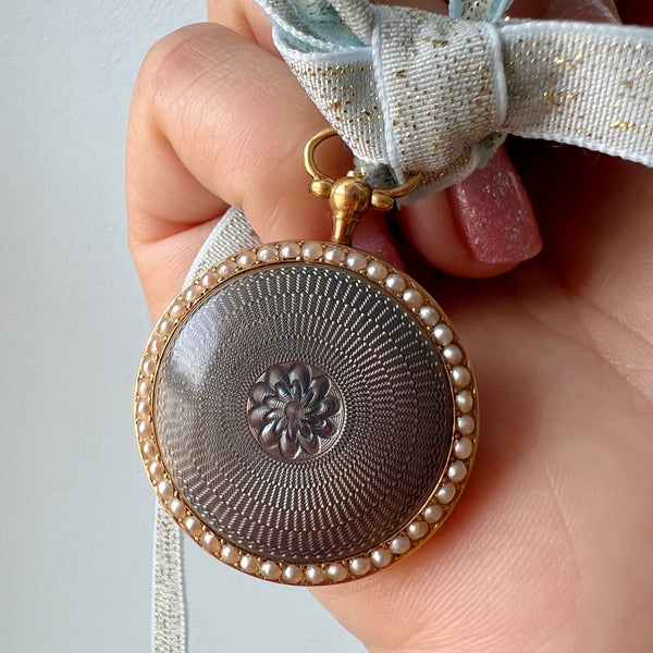 Edwardian 18k Guilloche Enamel pearl pocket watch pendant