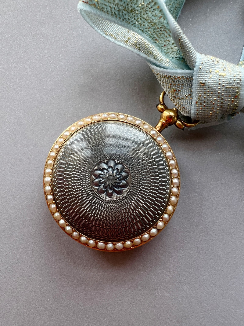 Edwardian 18k Guilloche Enamel pearl pocket watch pendant