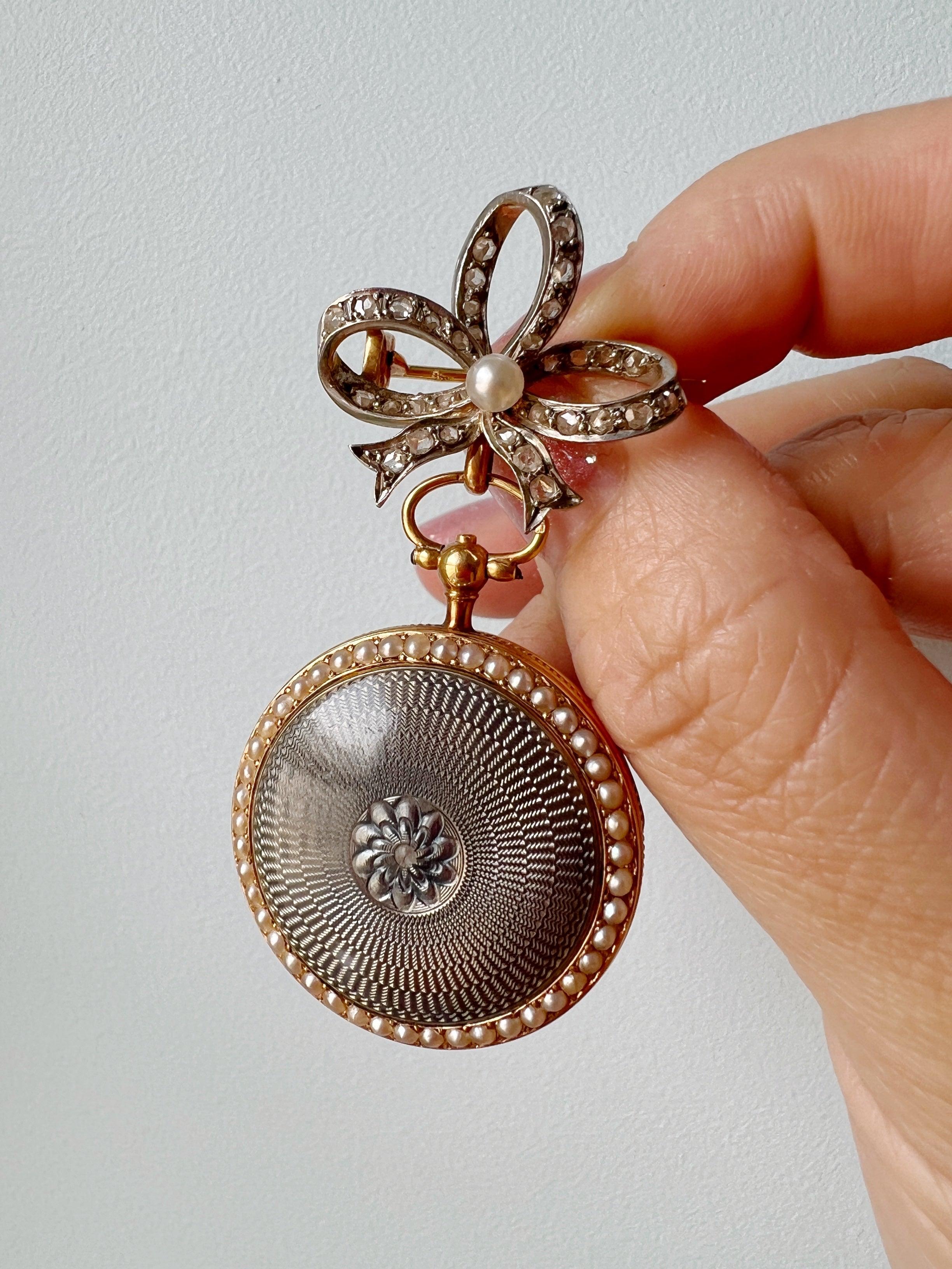 Edwardian 18k Guilloche Enamel pearl pocket watch pendant - Curiously timeless