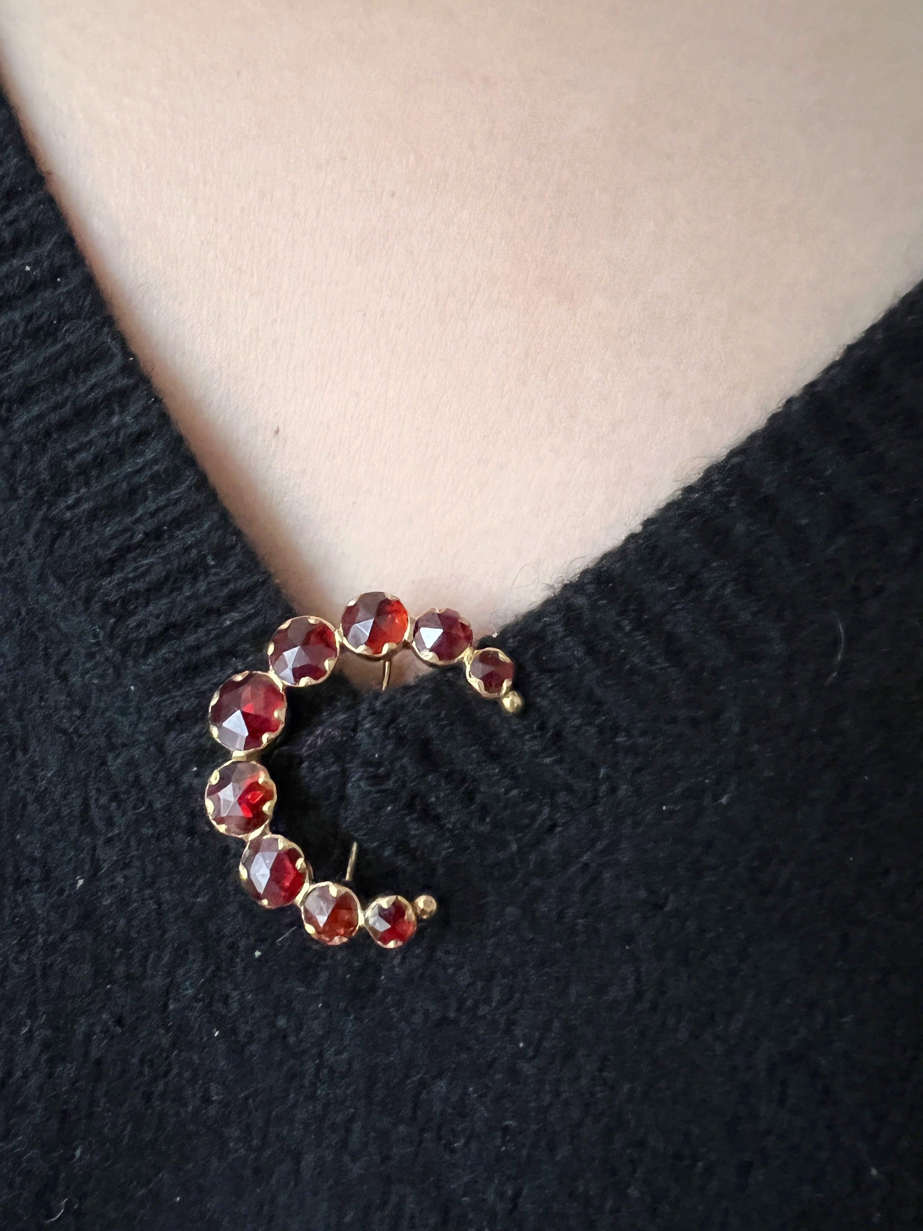 Stunning French antique 18K Perpignan red garnet crescent brooch - Curiously timeless