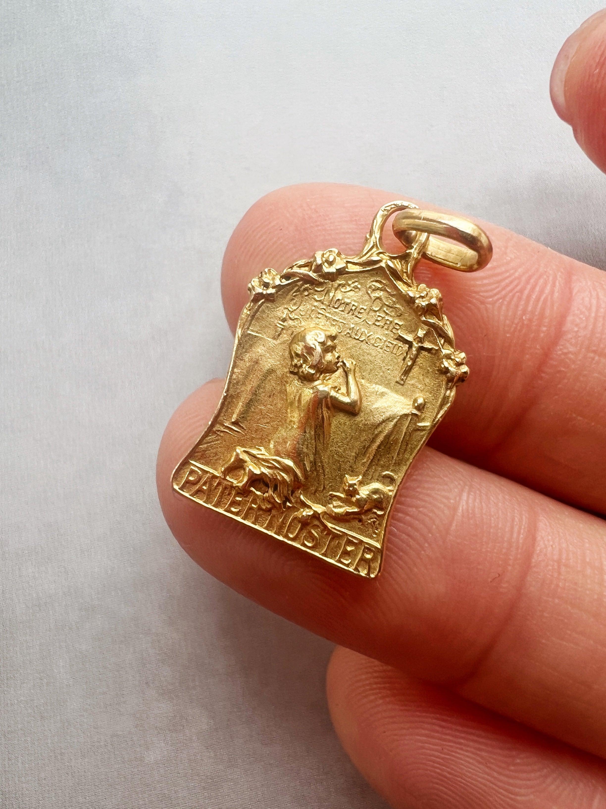 Rare touching antique 18K gold child praying medal - Curiously timeless