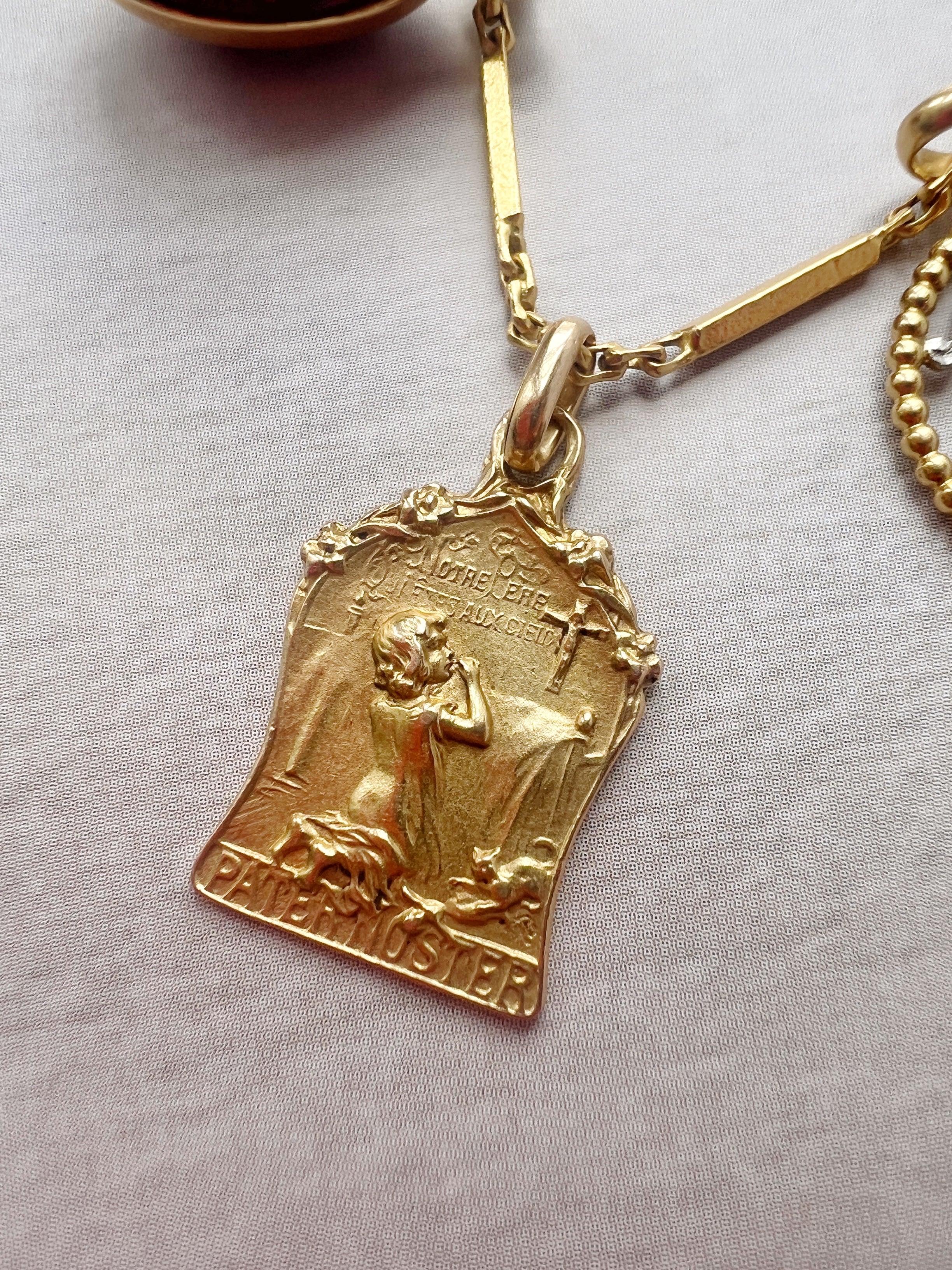 Rare touching antique 18K gold child praying medal - Curiously timeless