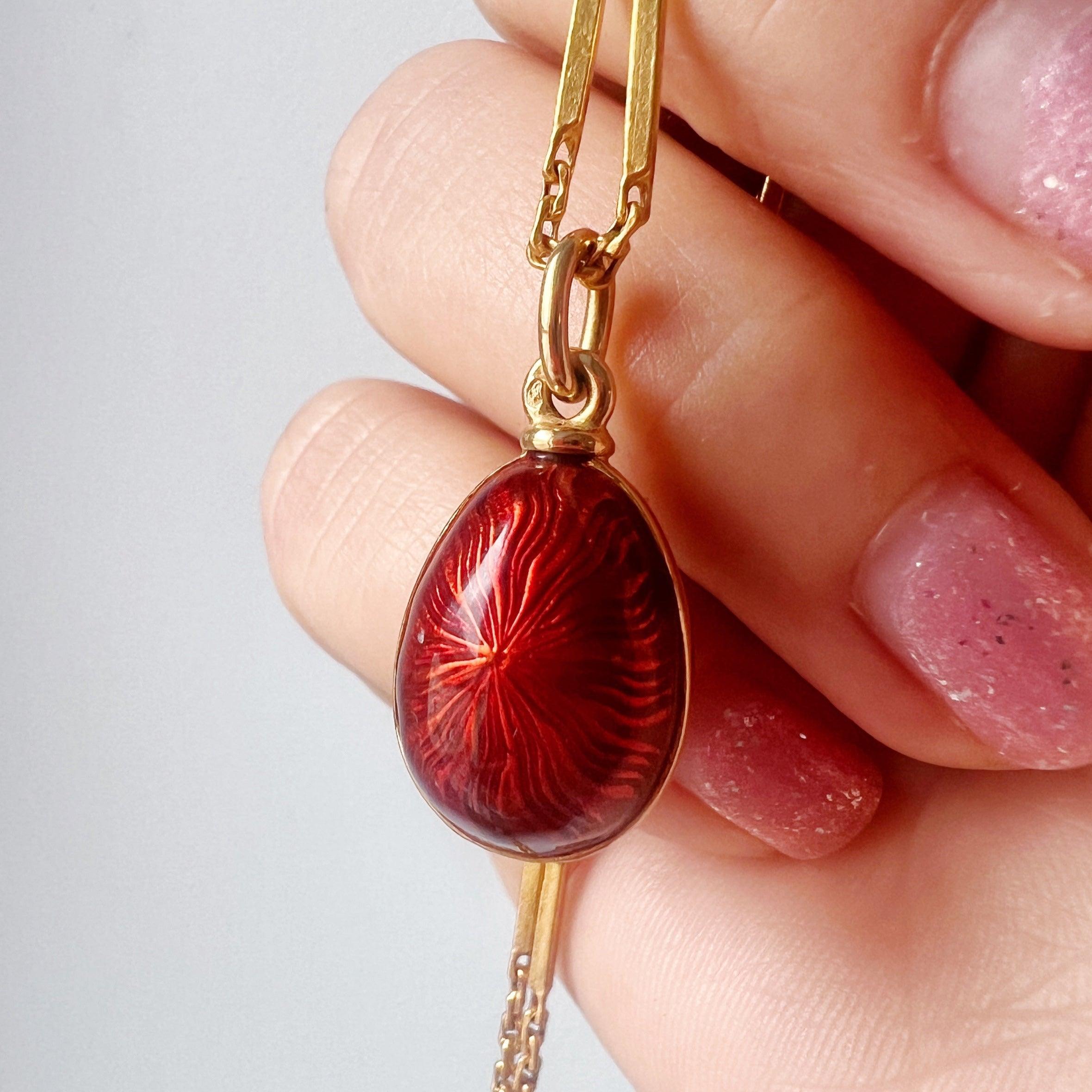 Beautiful Russian style 18K gold red enameled egg pendant - Curiously timeless