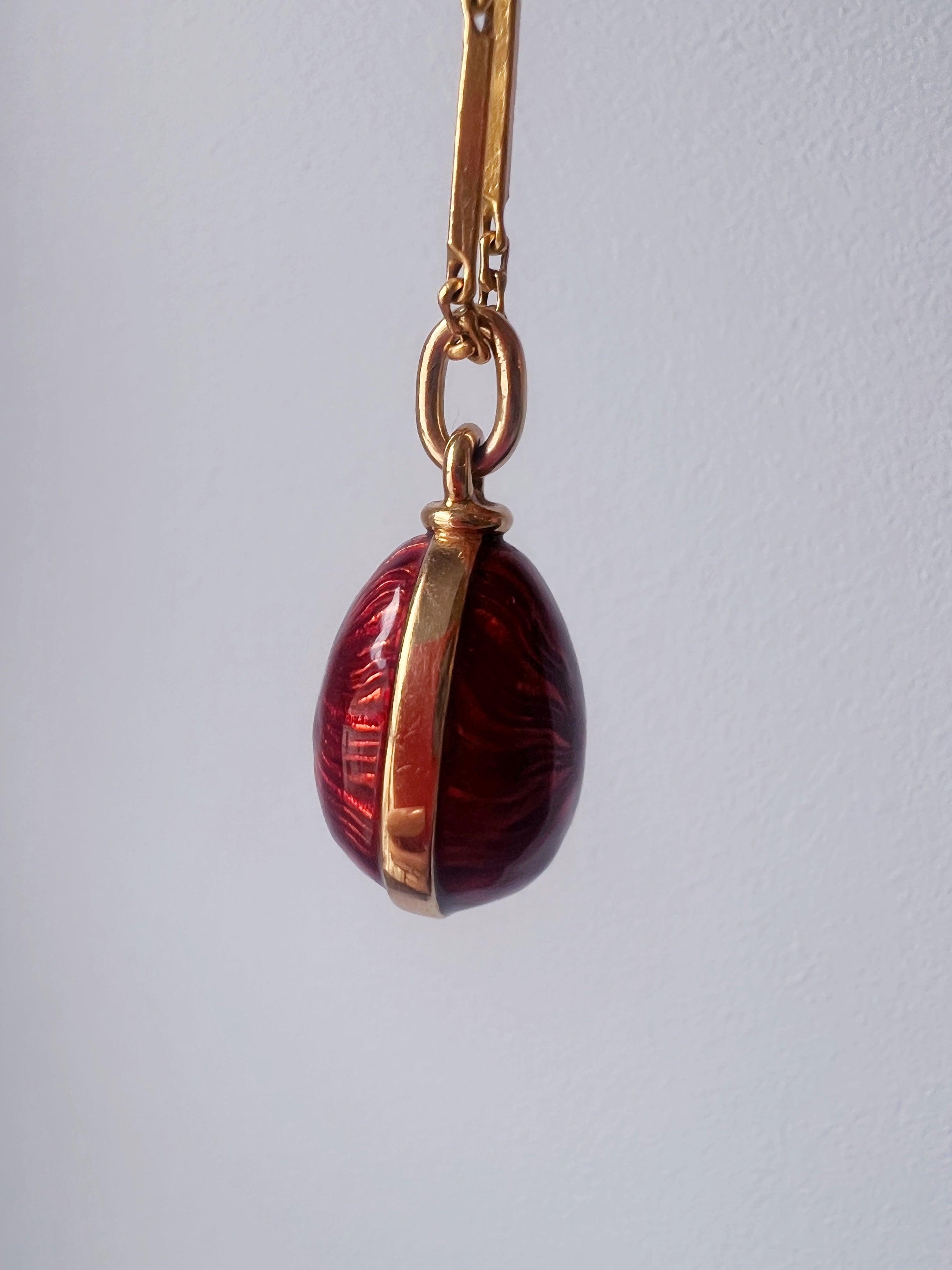 Beautiful Russian style 18K gold red enameled egg pendant - Curiously timeless