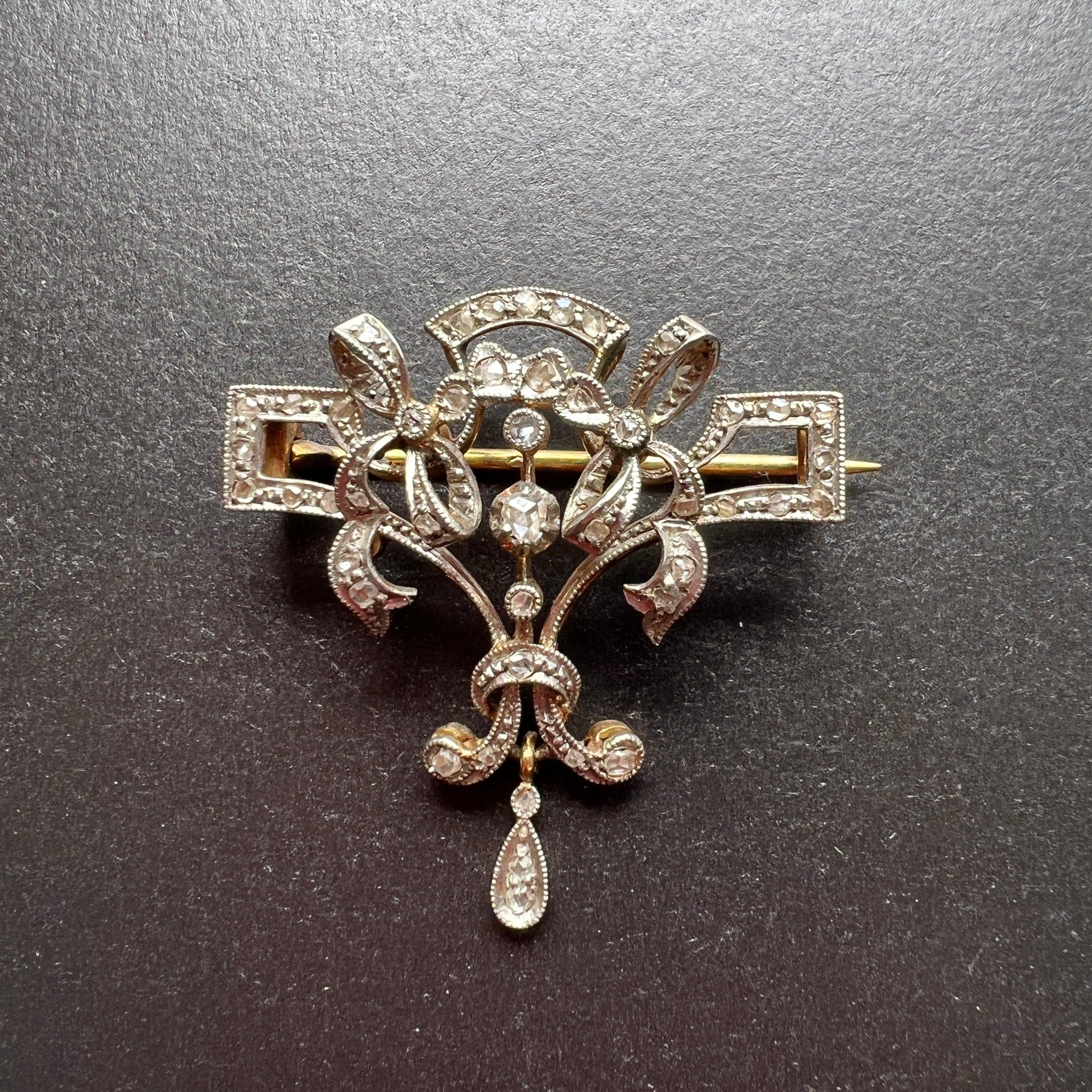 Edwardian era 18K gold platinum diamond ribbon bows brooch pendant - Curiously timeless