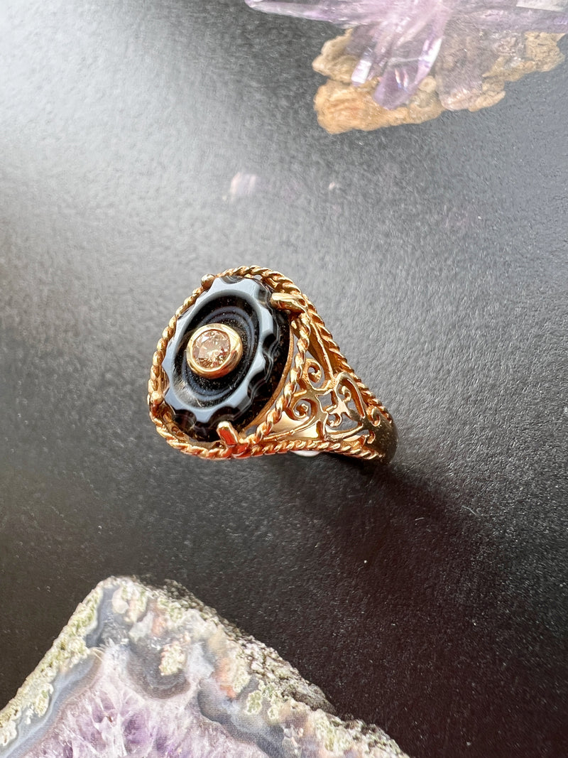 14k yellow gold banded agate diamond ring