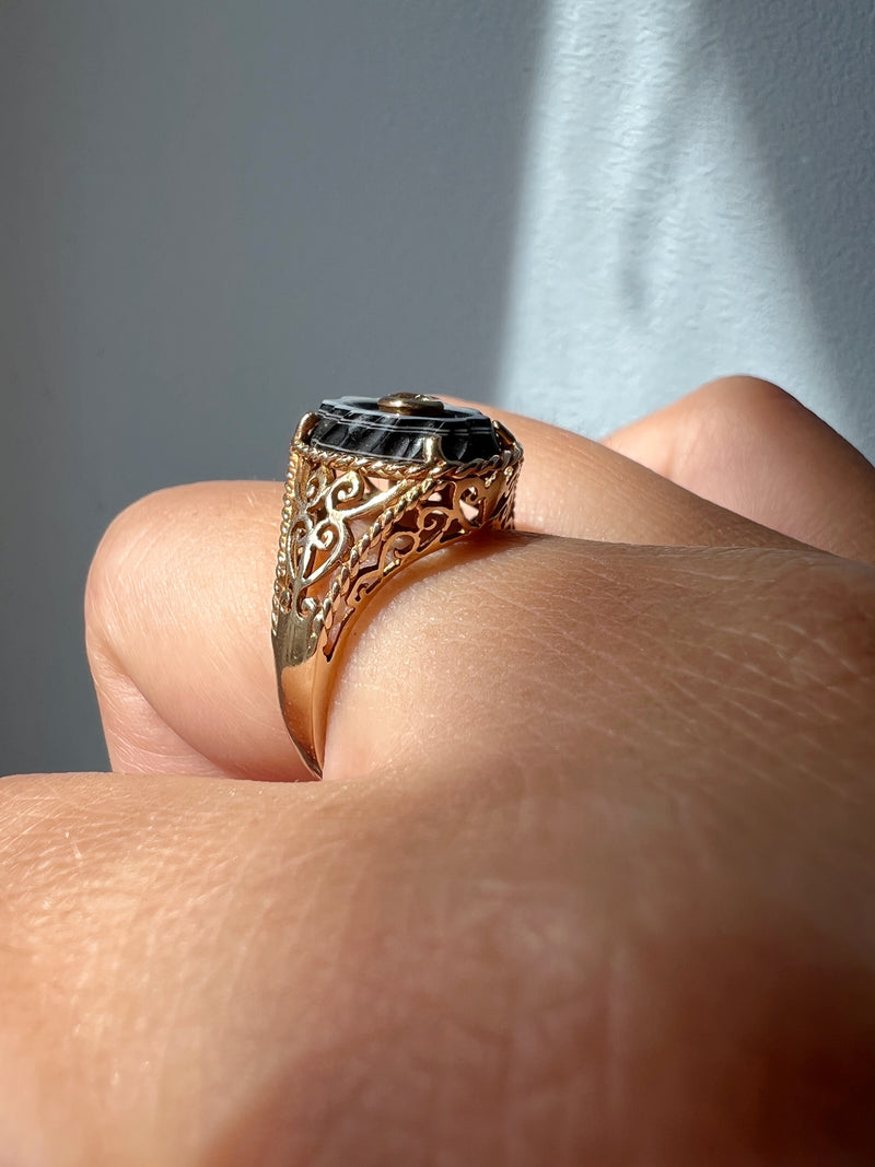 14k yellow gold banded agate diamond ring