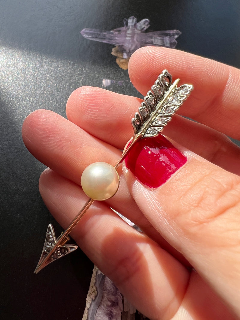 Antique 18K gold pearl diamond arrow brooch