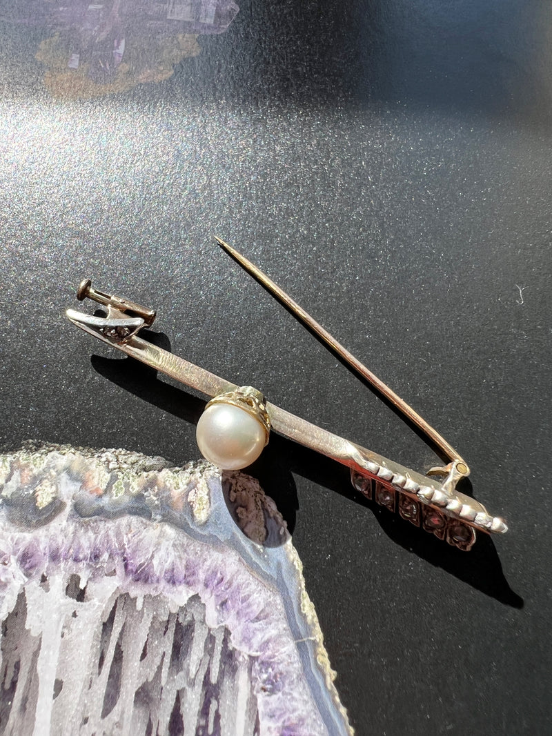 Antique 18K gold pearl diamond arrow brooch