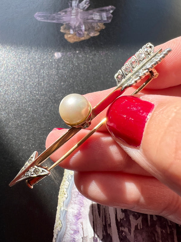 Antique 18K gold pearl diamond arrow brooch