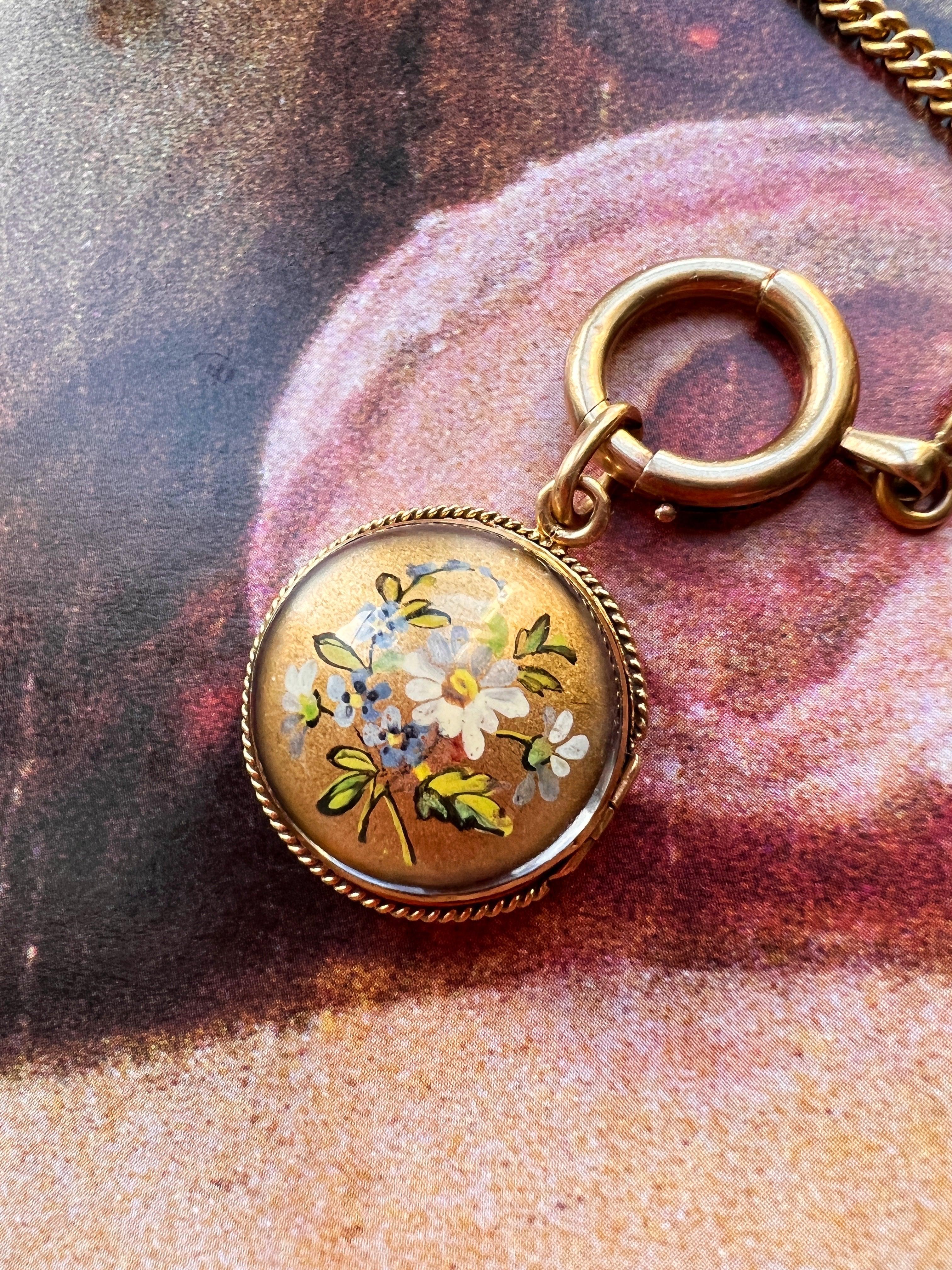 Very sentimental French Antique 18K gold Daisy and pansy Flower Rock crystal locket pendant - Curiously timeless