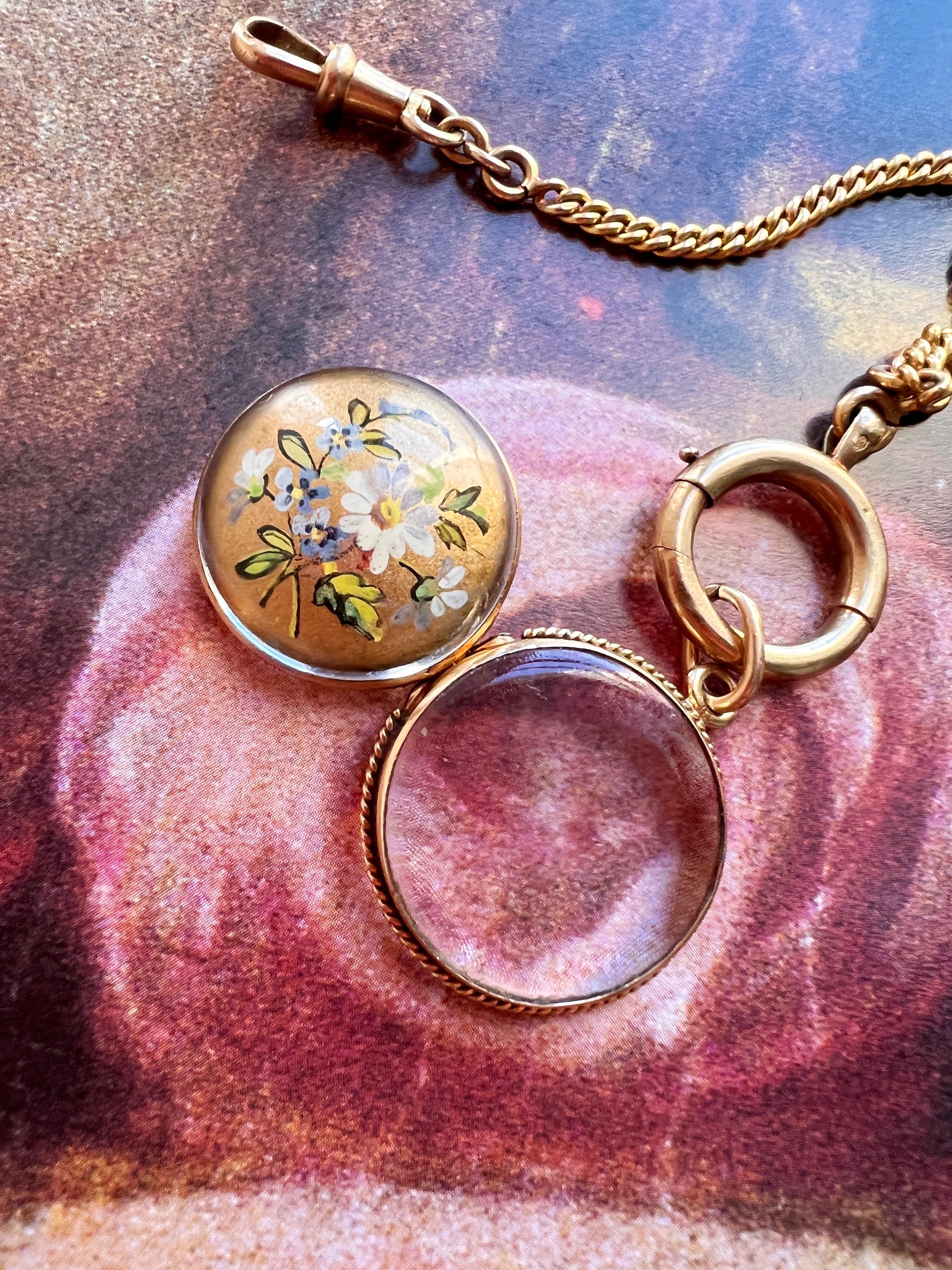 Very sentimental French Antique 18K gold Daisy and pansy Flower Rock crystal locket pendant - Curiously timeless