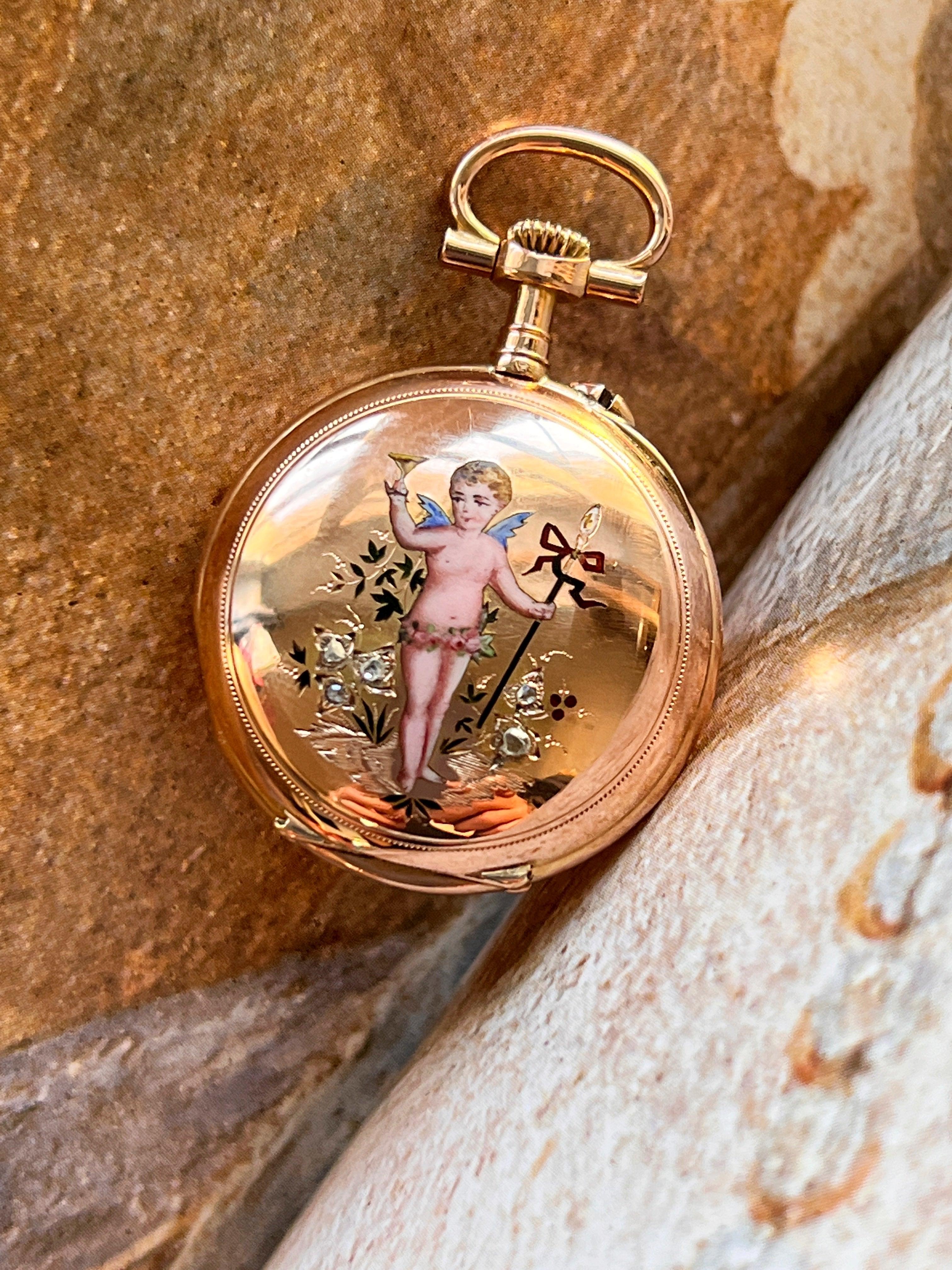 Stunning French Antique 18K gold diamond enameled cherub pocket watch pendant - Curiously timeless