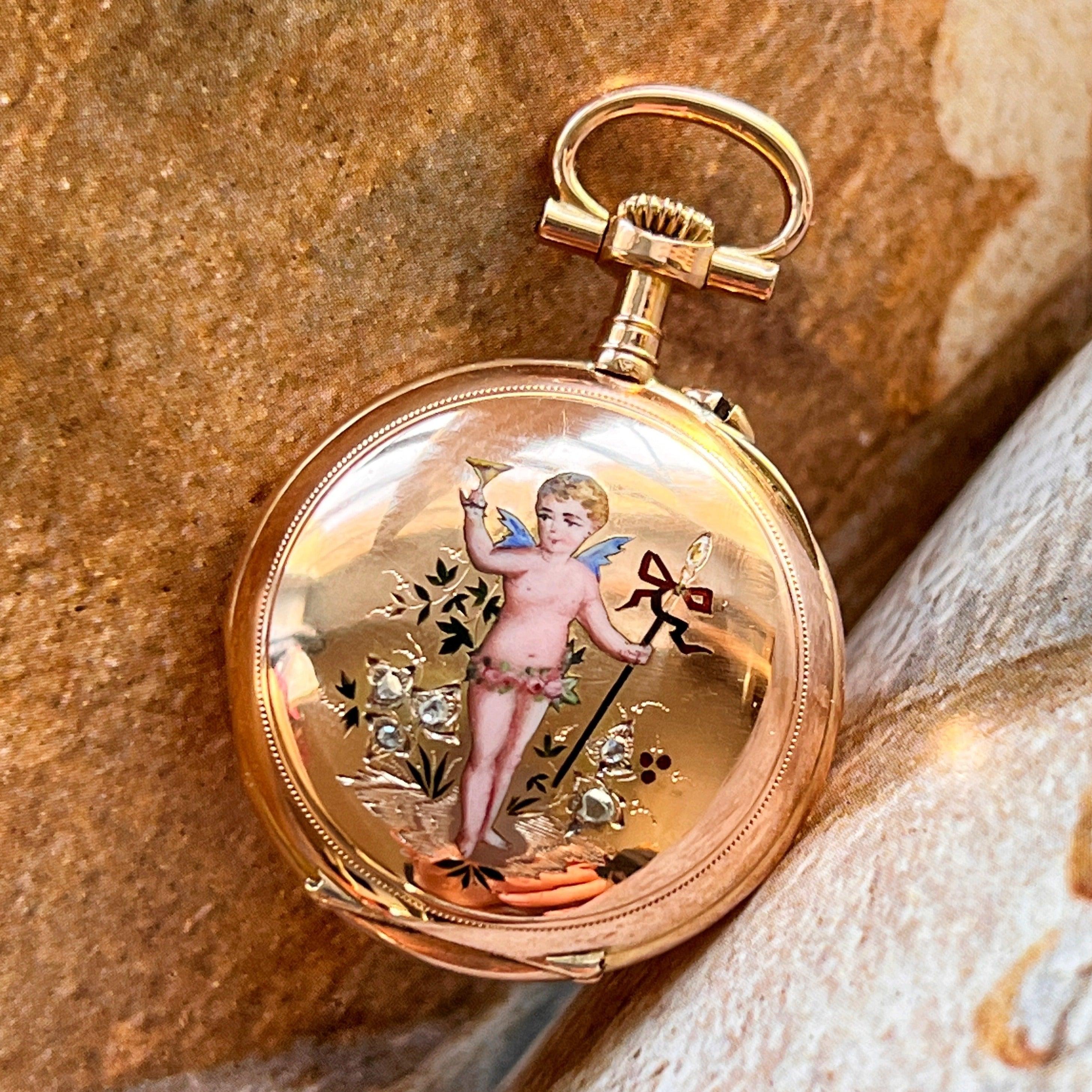 Stunning French Antique 18K gold diamond enameled cherub pocket watch pendant - Curiously timeless