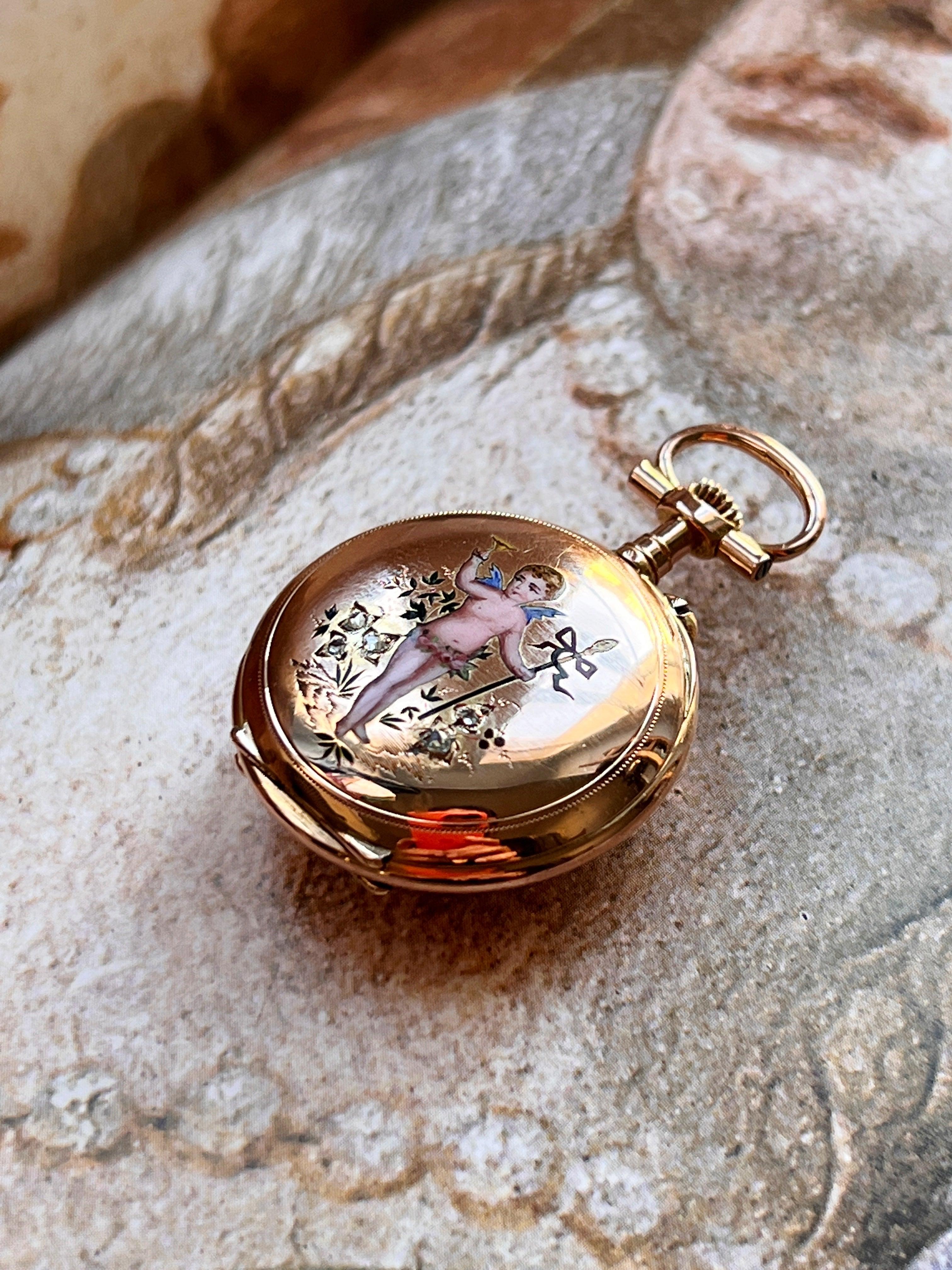 Stunning French Antique 18K gold diamond enameled cherub pocket watch pendant - Curiously timeless