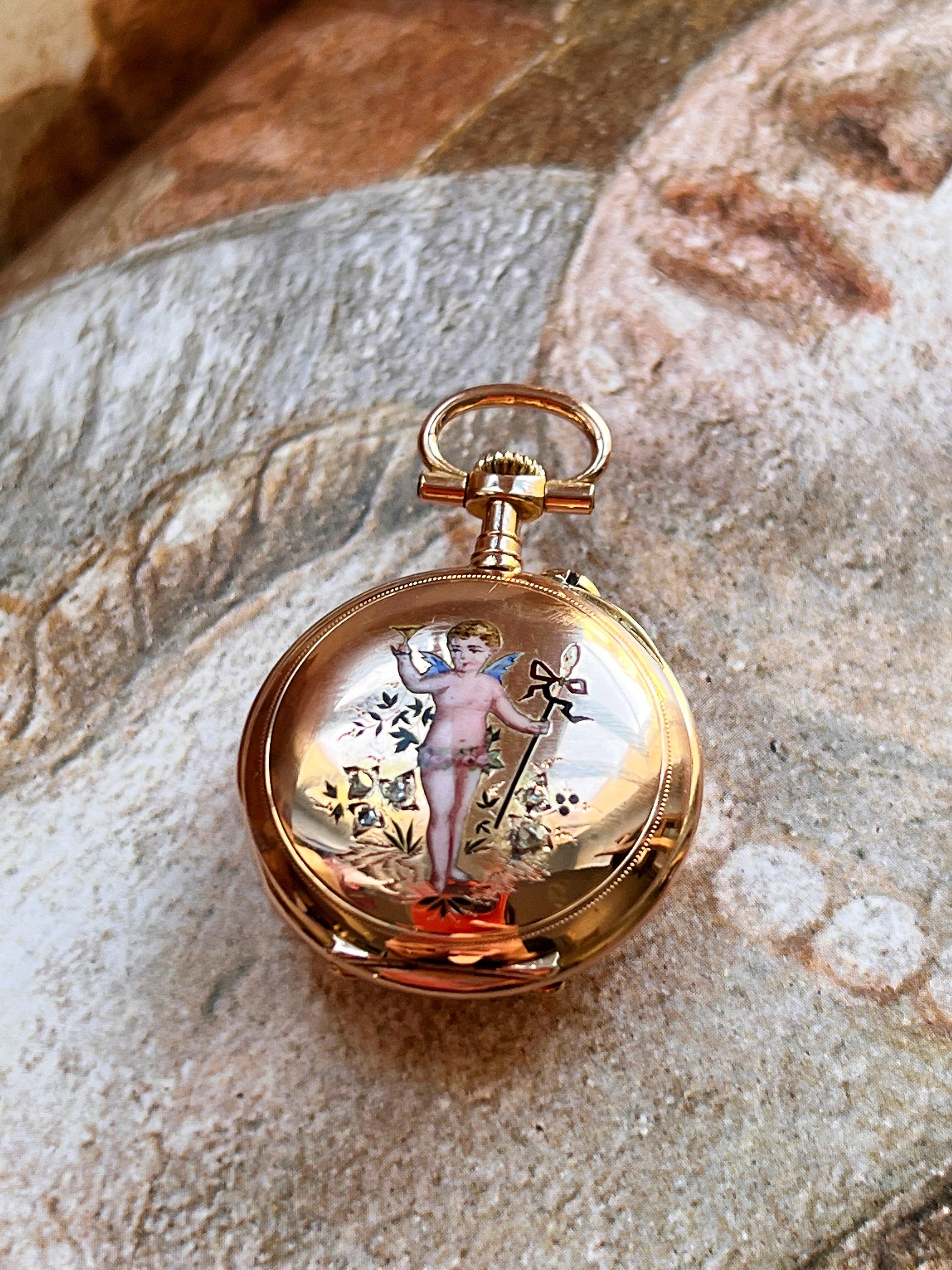 Stunning French Antique 18K gold diamond enameled cherub pocket watch pendant - Curiously timeless