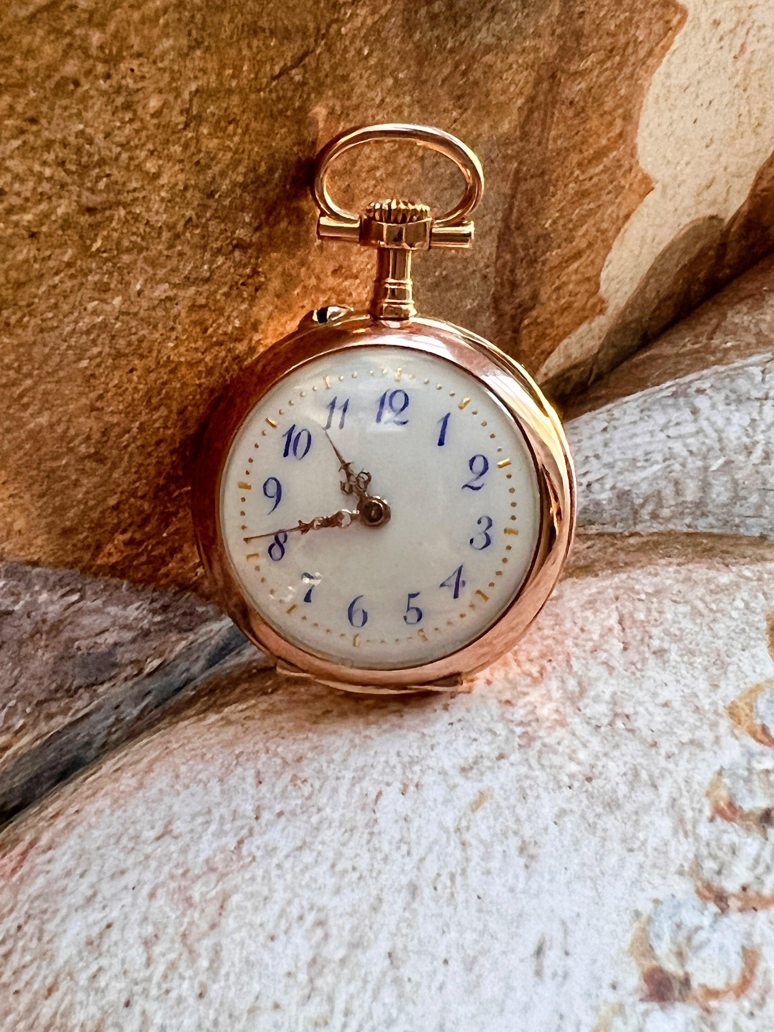 Stunning French Antique 18K gold diamond enameled cherub pocket watch pendant - Curiously timeless