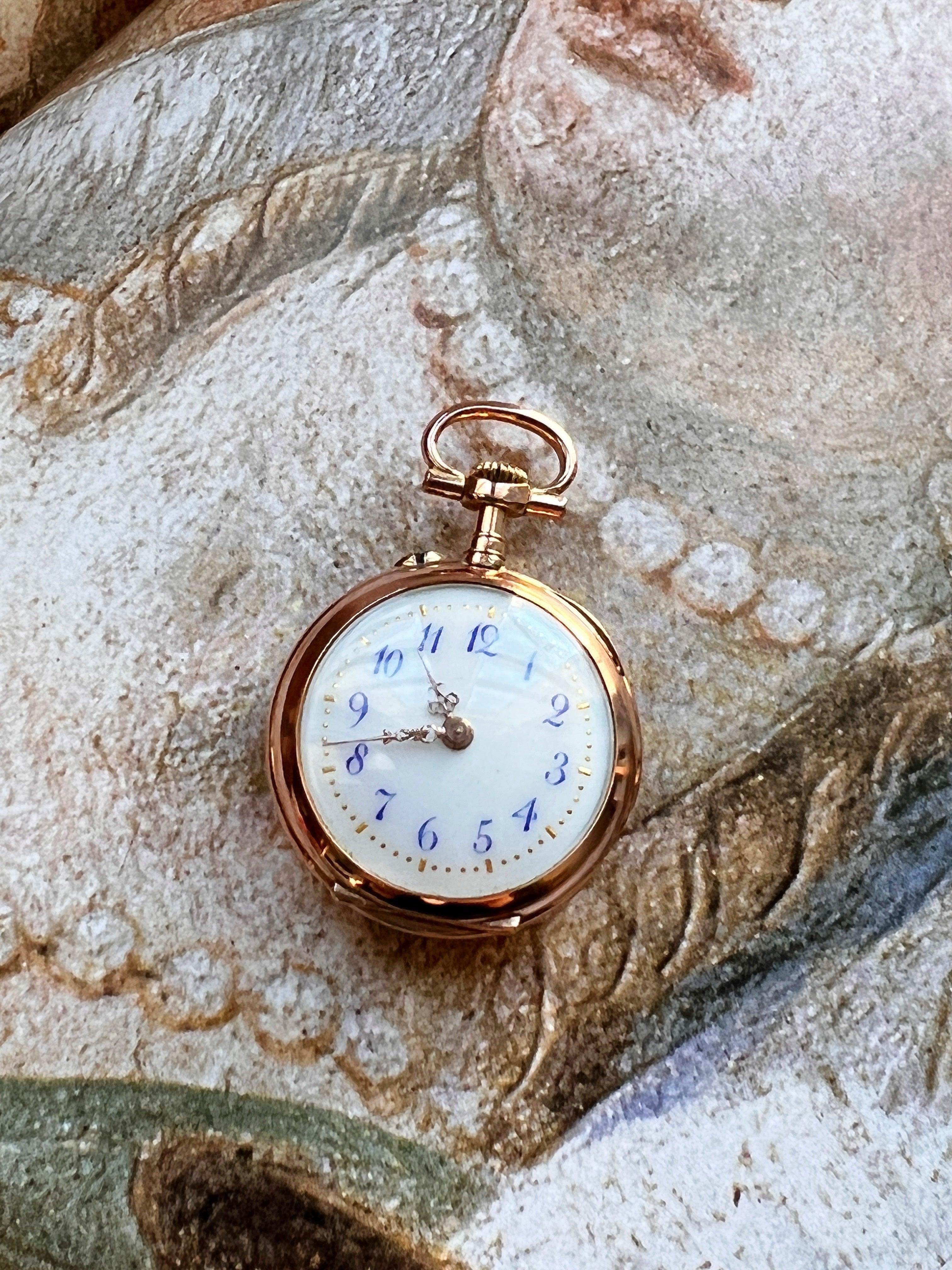 Stunning French Antique 18K gold diamond enameled cherub pocket watch pendant - Curiously timeless