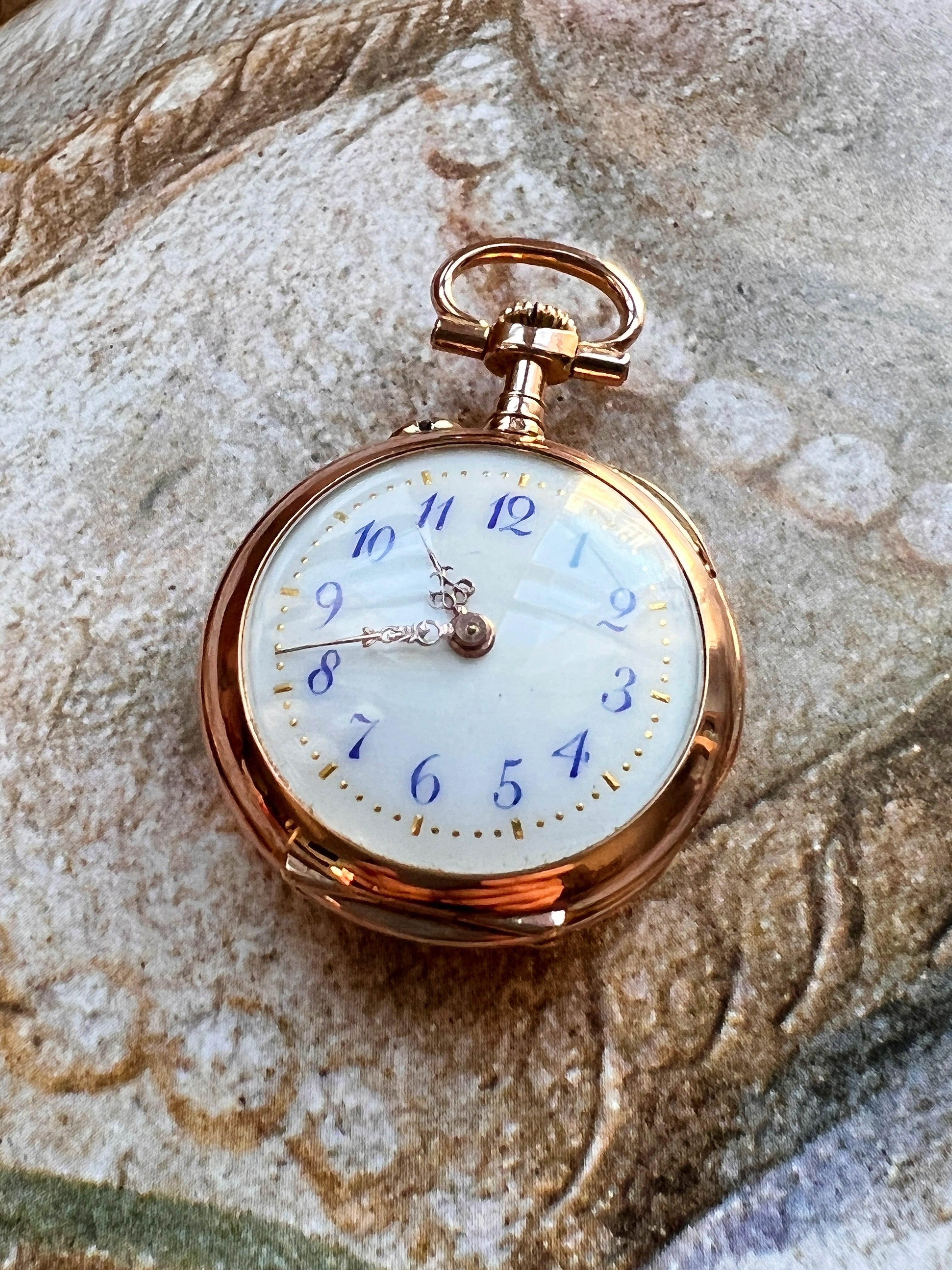 Stunning French Antique 18K gold diamond enameled cherub pocket watch pendant - Curiously timeless