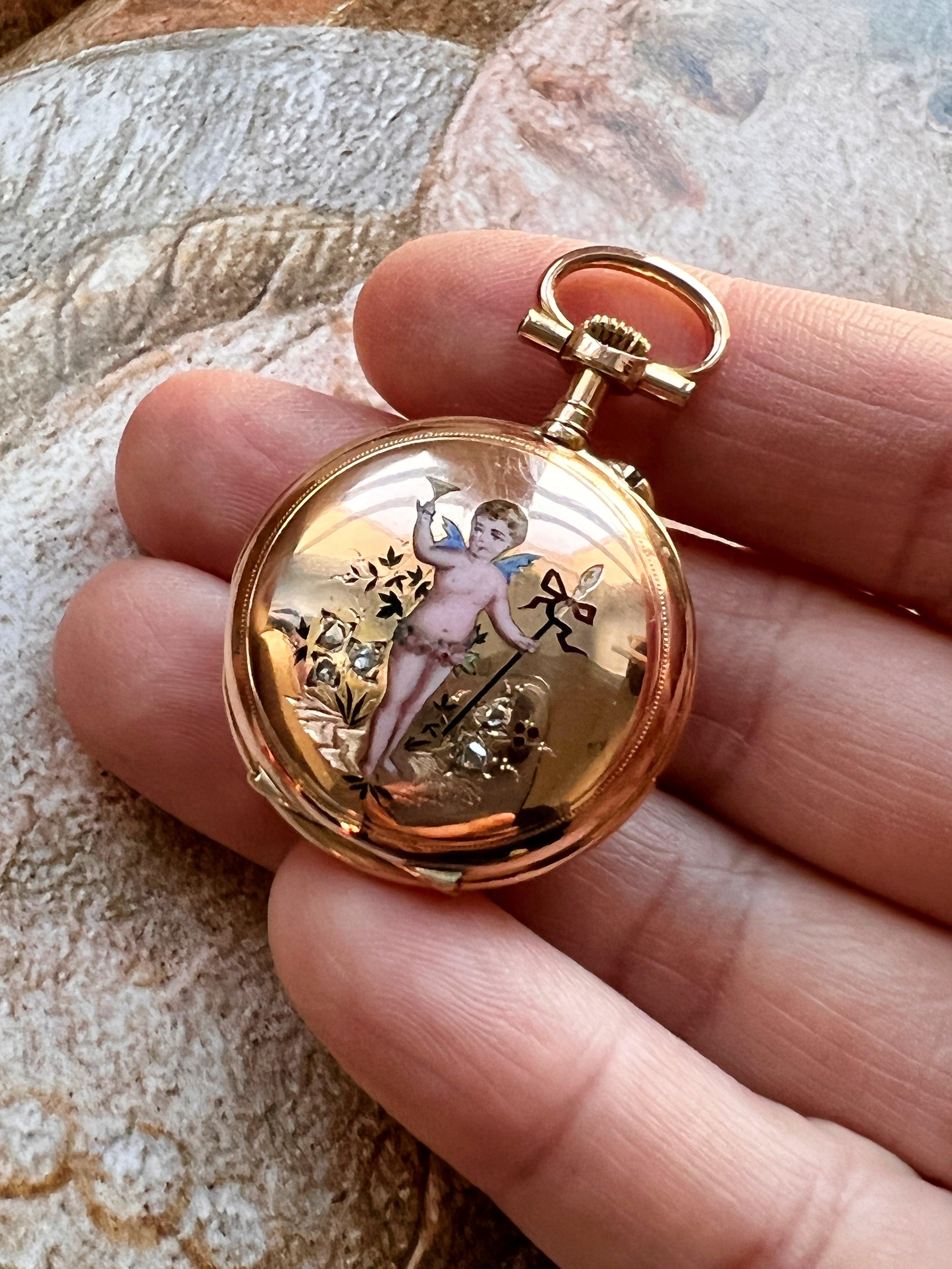 Stunning French Antique 18K gold diamond enameled cherub pocket watch pendant - Curiously timeless