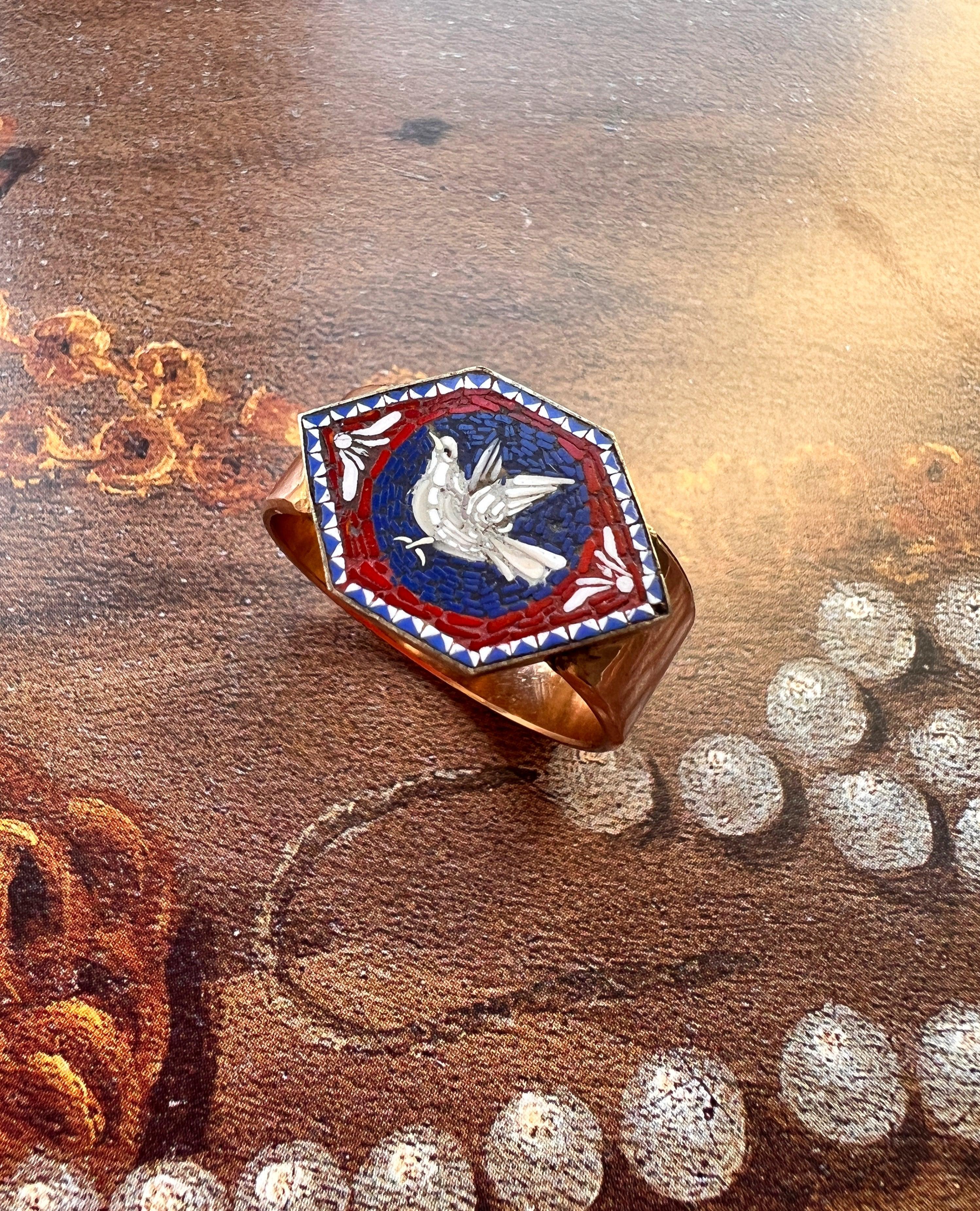 Museum quality stunning French Antique 18K gold micro mosaic dove ring - Curiously timeless