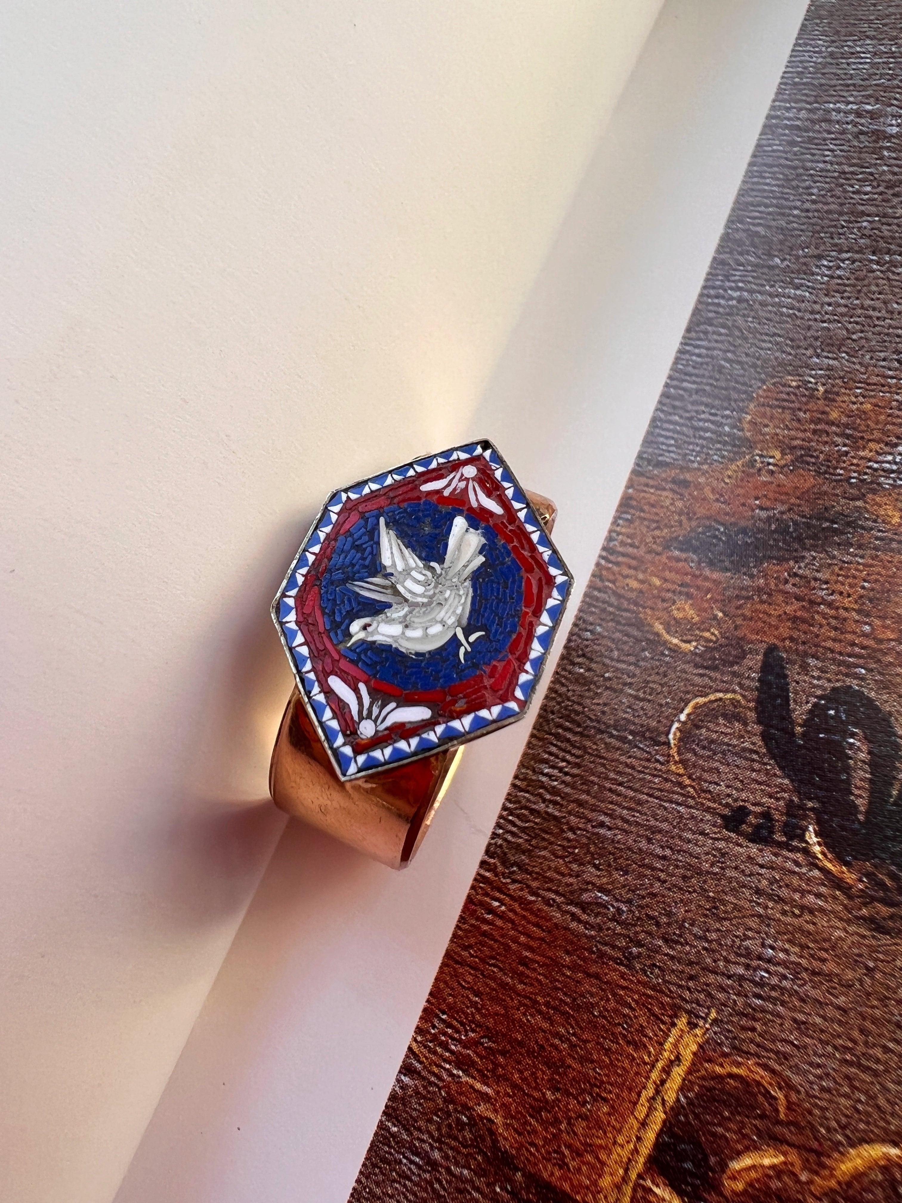 Museum quality stunning French Antique 18K gold micro mosaic dove ring - Curiously timeless