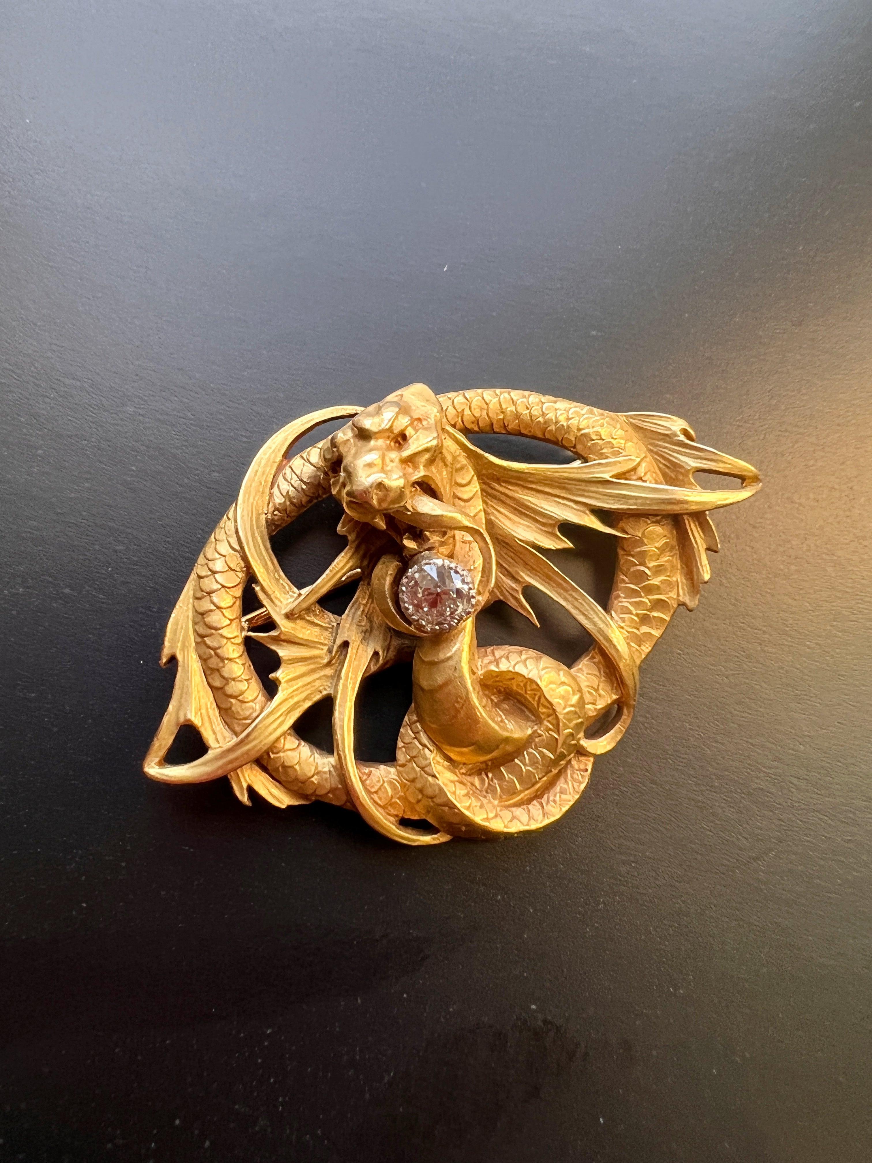 Magnificent French Antique 18K gold diamond Chimera brooch - Curiously timeless