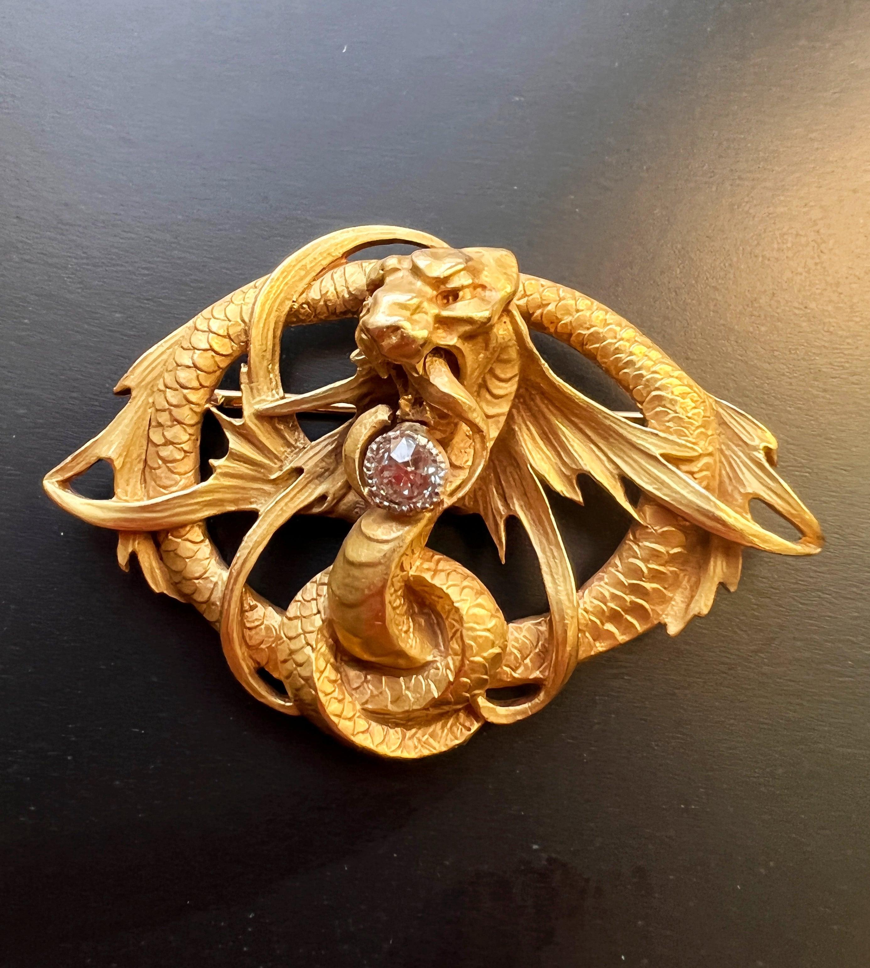 Magnificent French Antique 18K gold diamond Chimera brooch - Curiously timeless