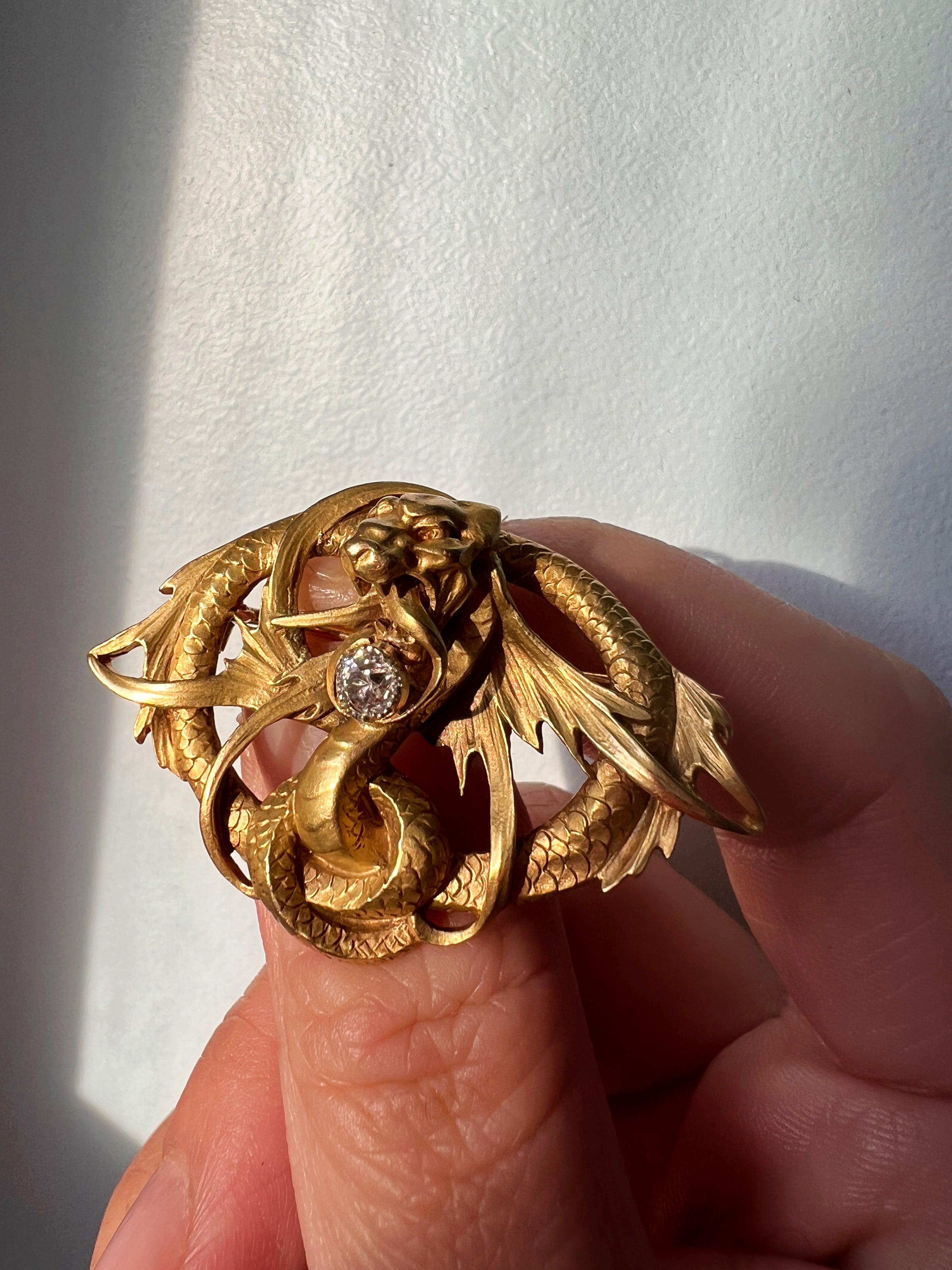 Magnificent French Antique 18K gold diamond Chimera brooch - Curiously timeless