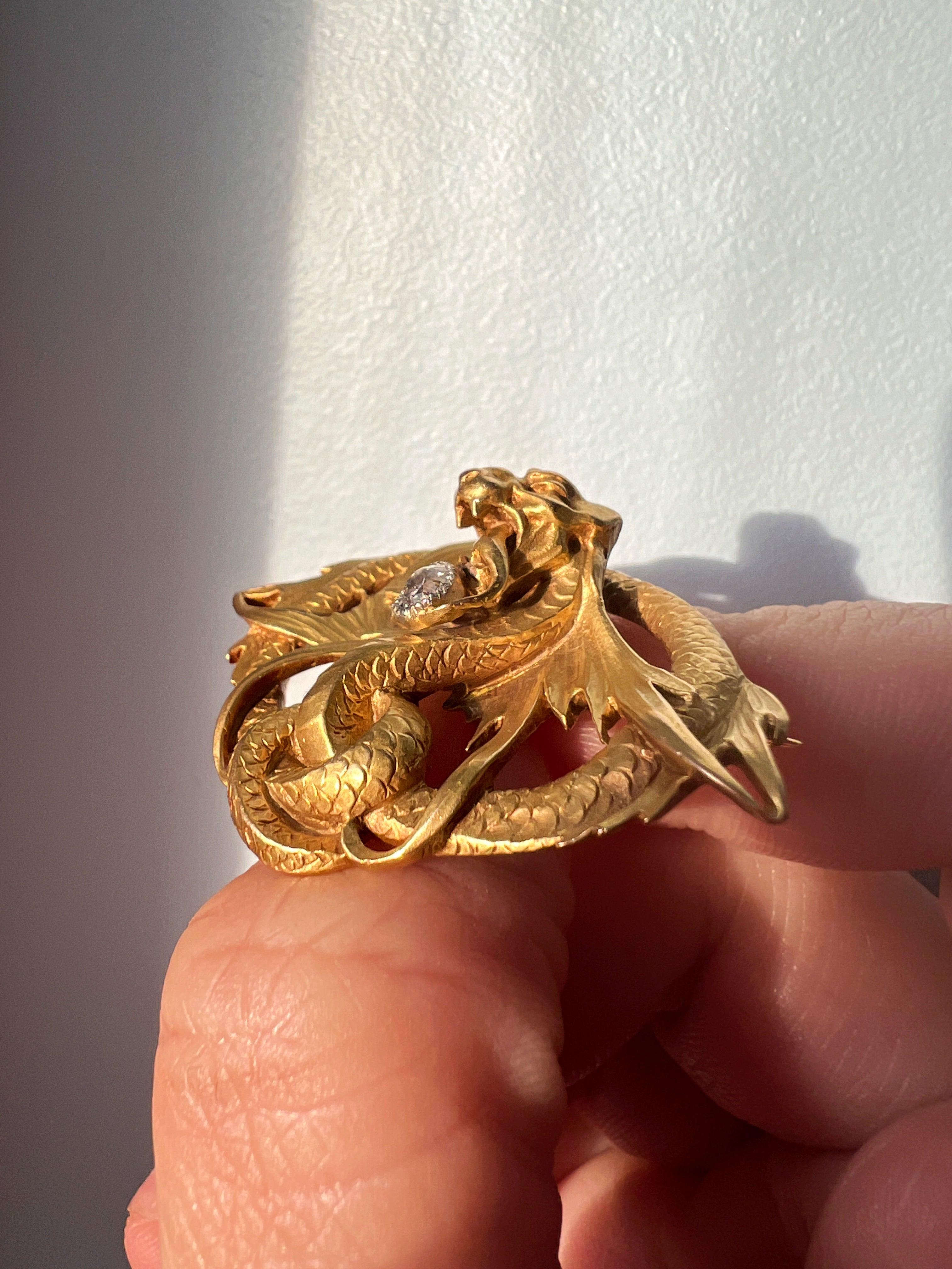 Magnificent French Antique 18K gold diamond Chimera brooch - Curiously timeless