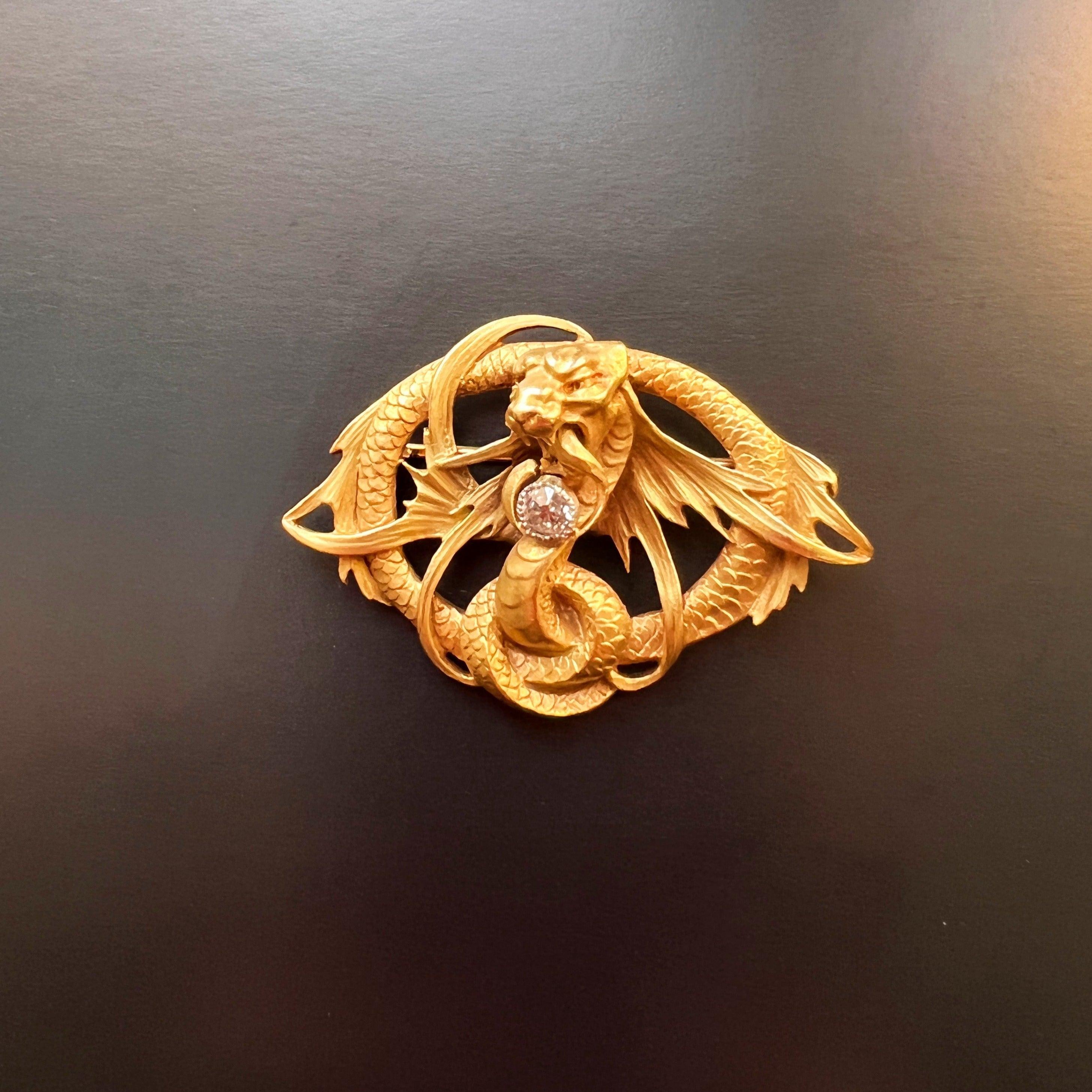 Magnificent French Antique 18K gold diamond Chimera brooch - Curiously timeless