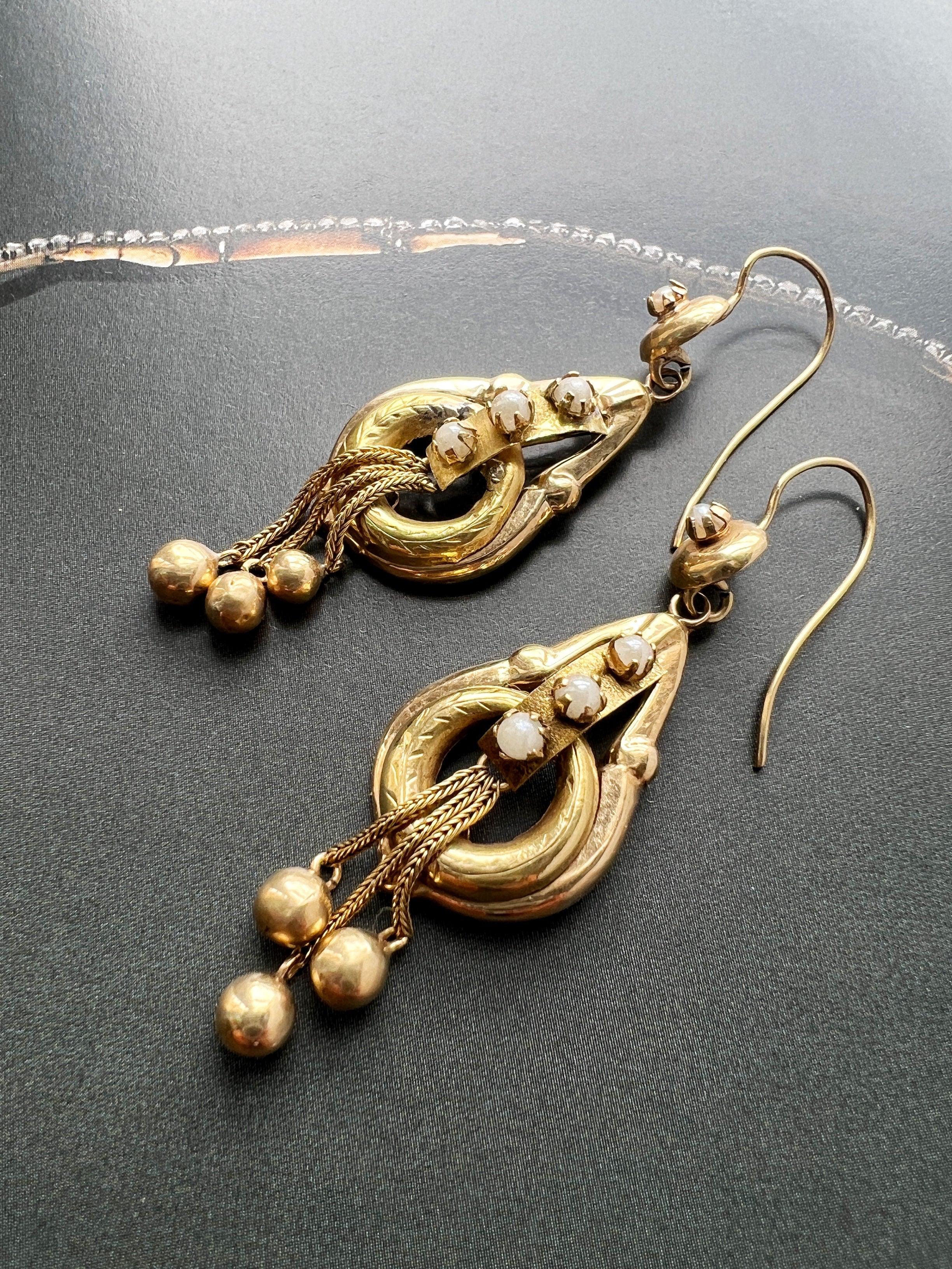 Victorian era 18k gold little sphere ball pearl drop earrings - Curiously timeless