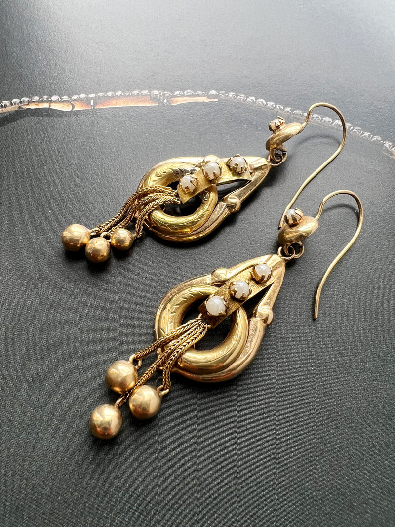 Victorian era 18k gold little sphere ball pearl drop earrings