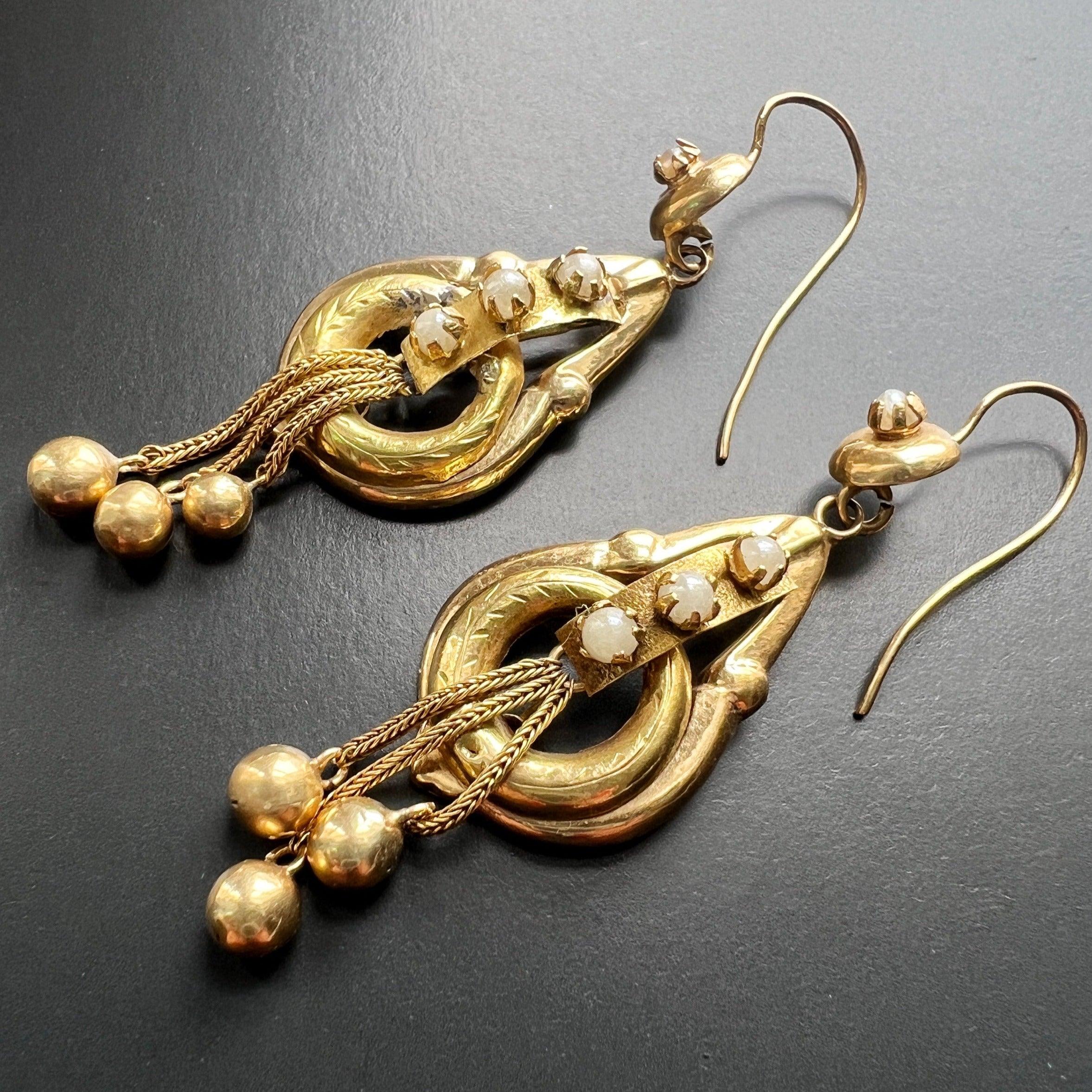 Victorian era 18k gold little sphere ball pearl drop earrings - Curiously timeless