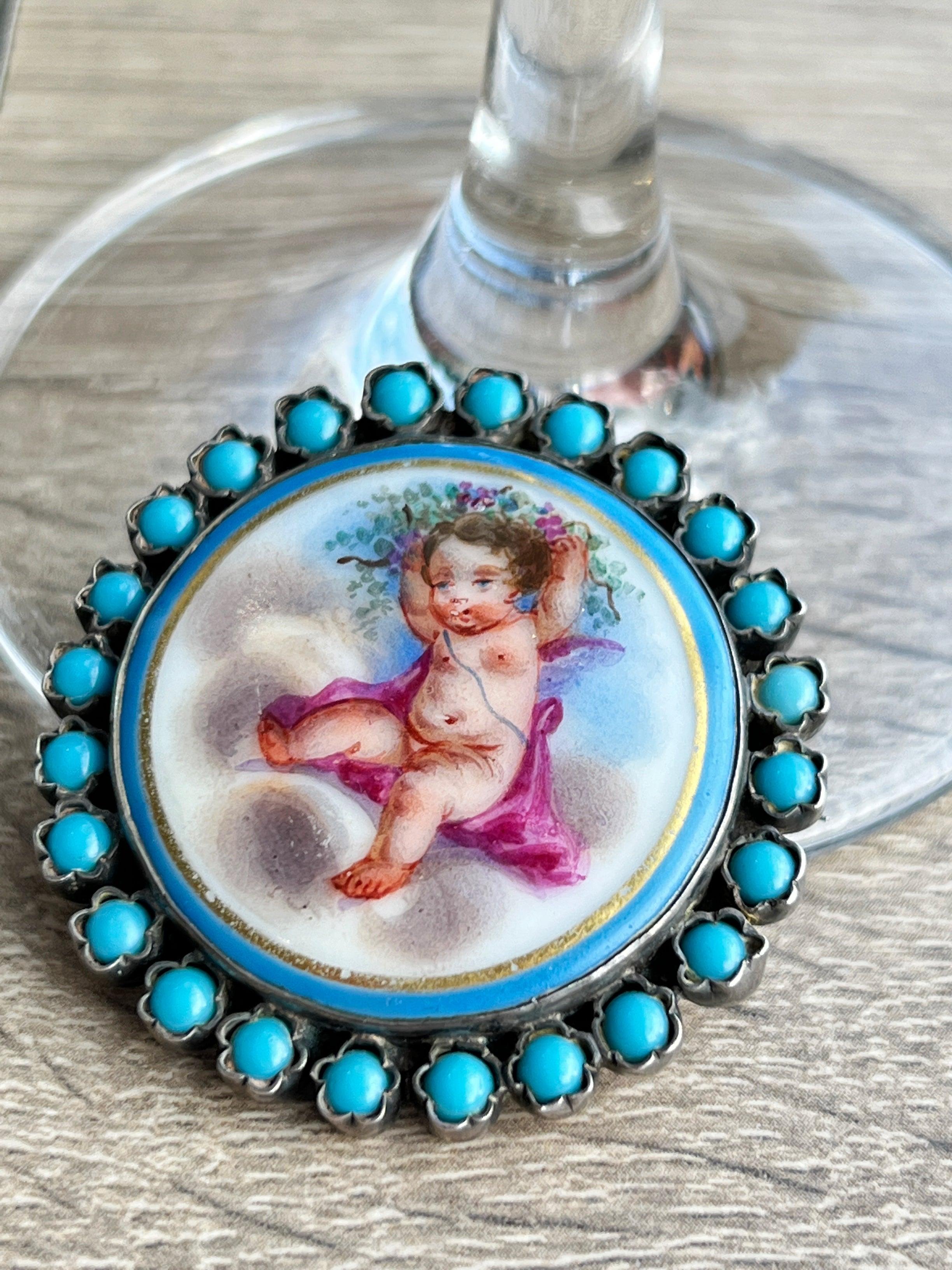 Rare & Beautiful French Antique Turquoise Angel Cherub miniature silver brooch - Curiously timeless