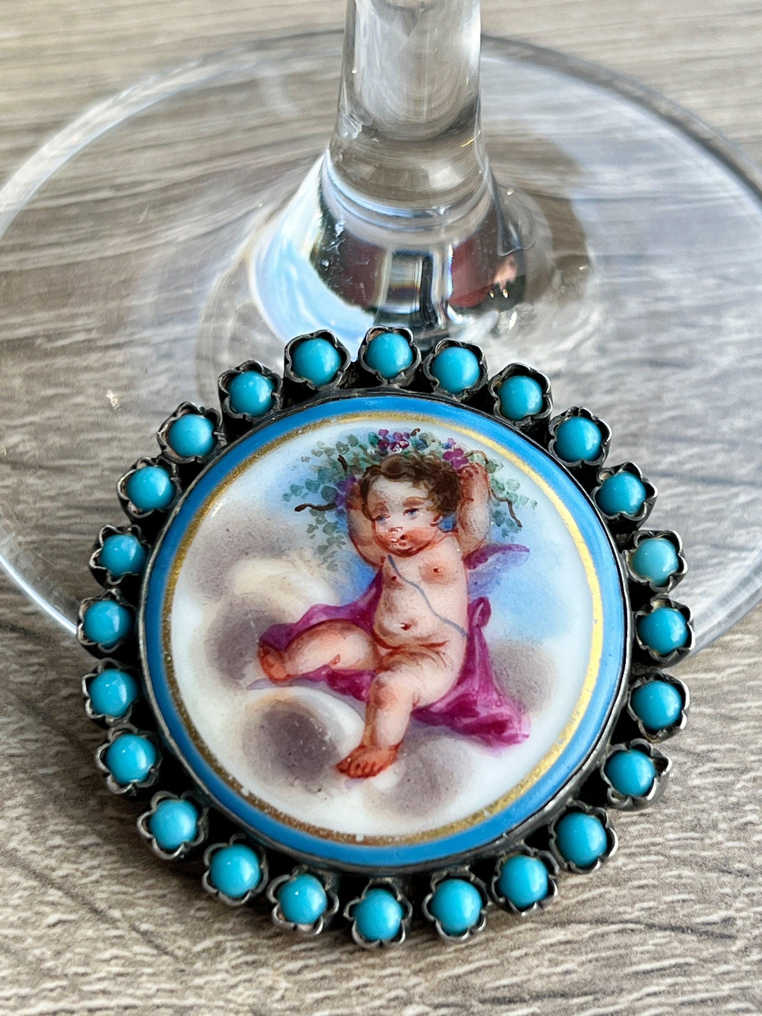 Rare & Beautiful French Antique Turquoise Angel Cherub miniature silver brooch - Curiously timeless