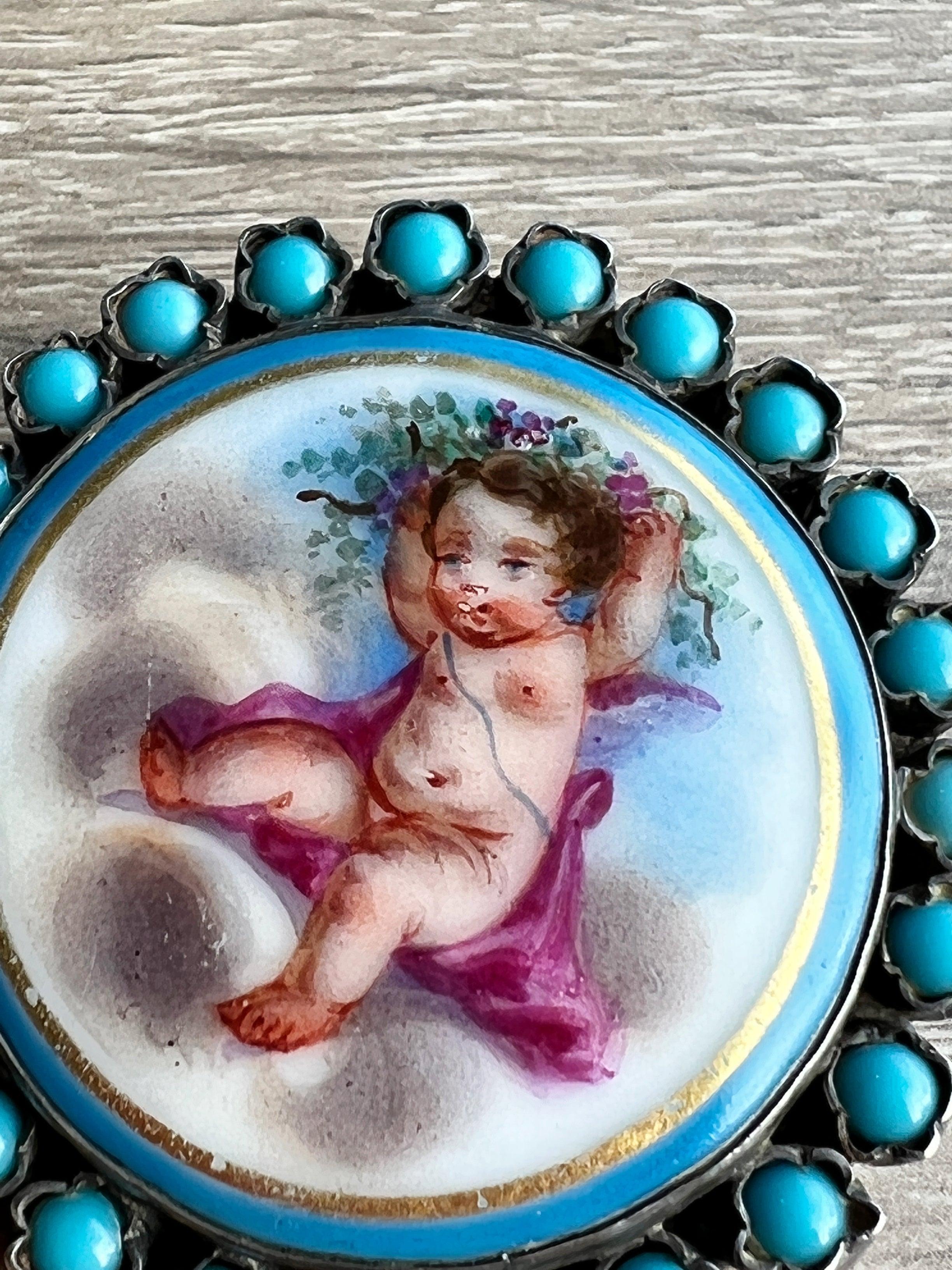 Rare & Beautiful French Antique Turquoise Angel Cherub miniature silver brooch - Curiously timeless