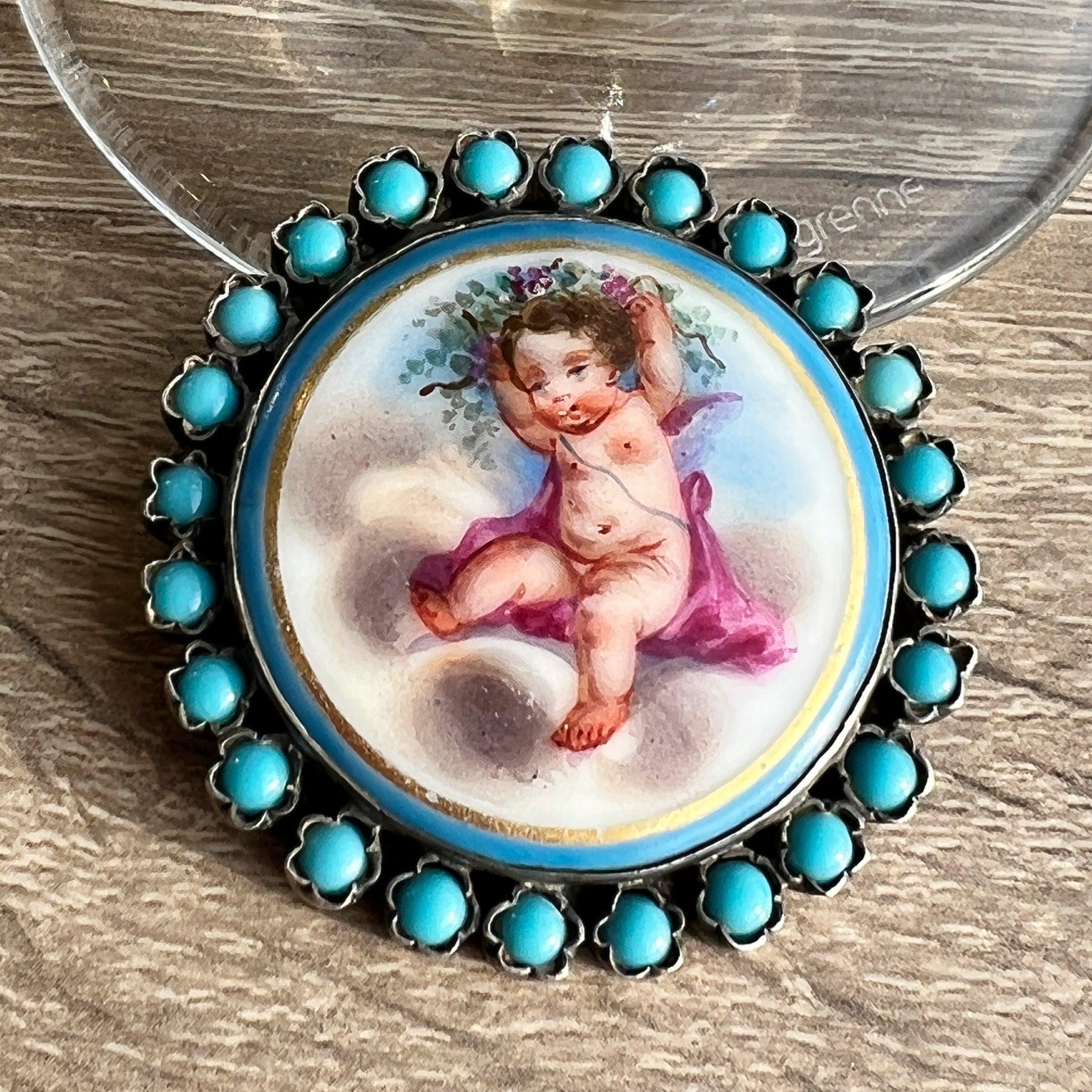 Rare & Beautiful French Antique Turquoise Angel Cherub miniature silver brooch - Curiously timeless