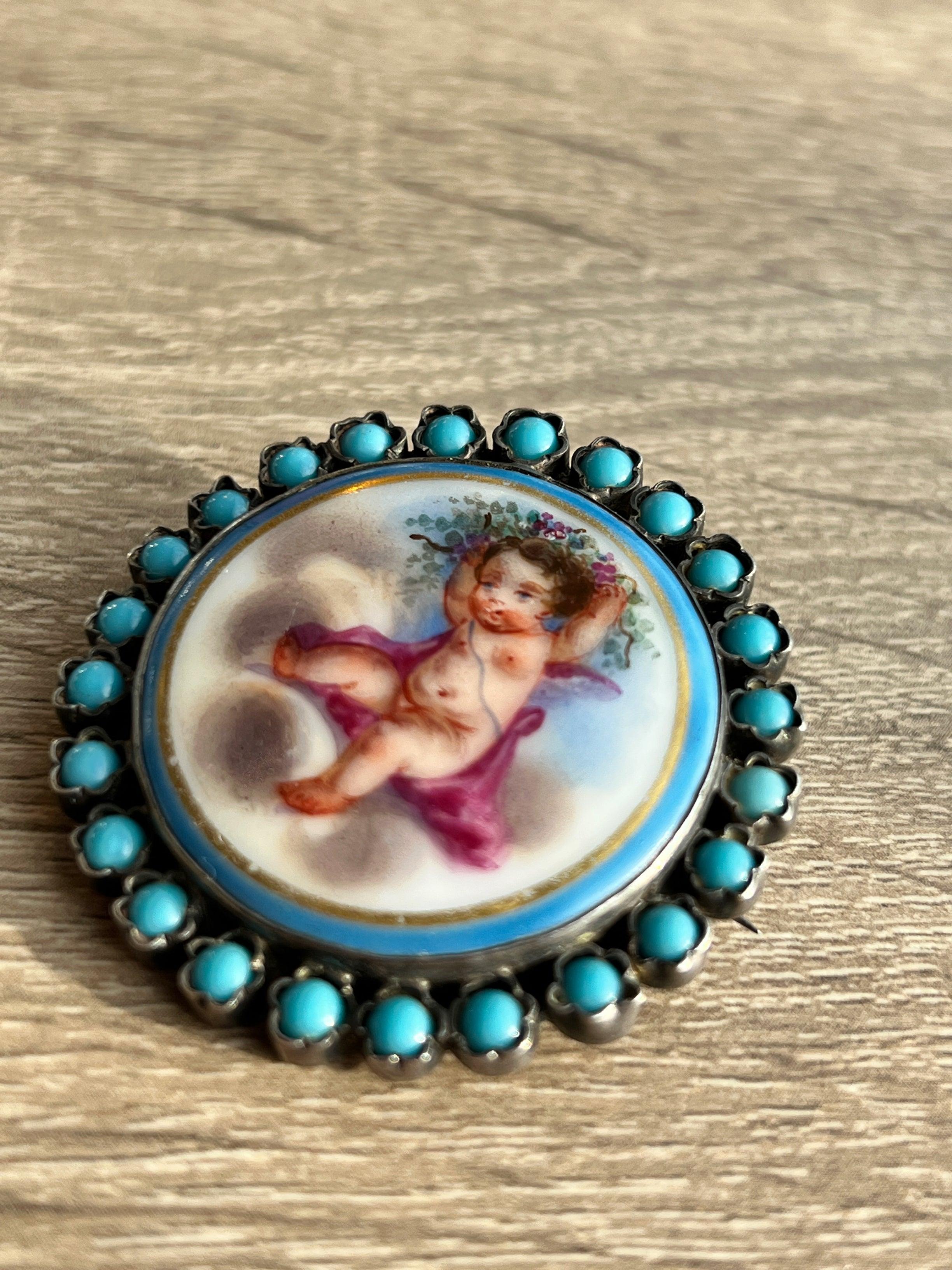 Rare & Beautiful French Antique Turquoise Angel Cherub miniature silver brooch - Curiously timeless